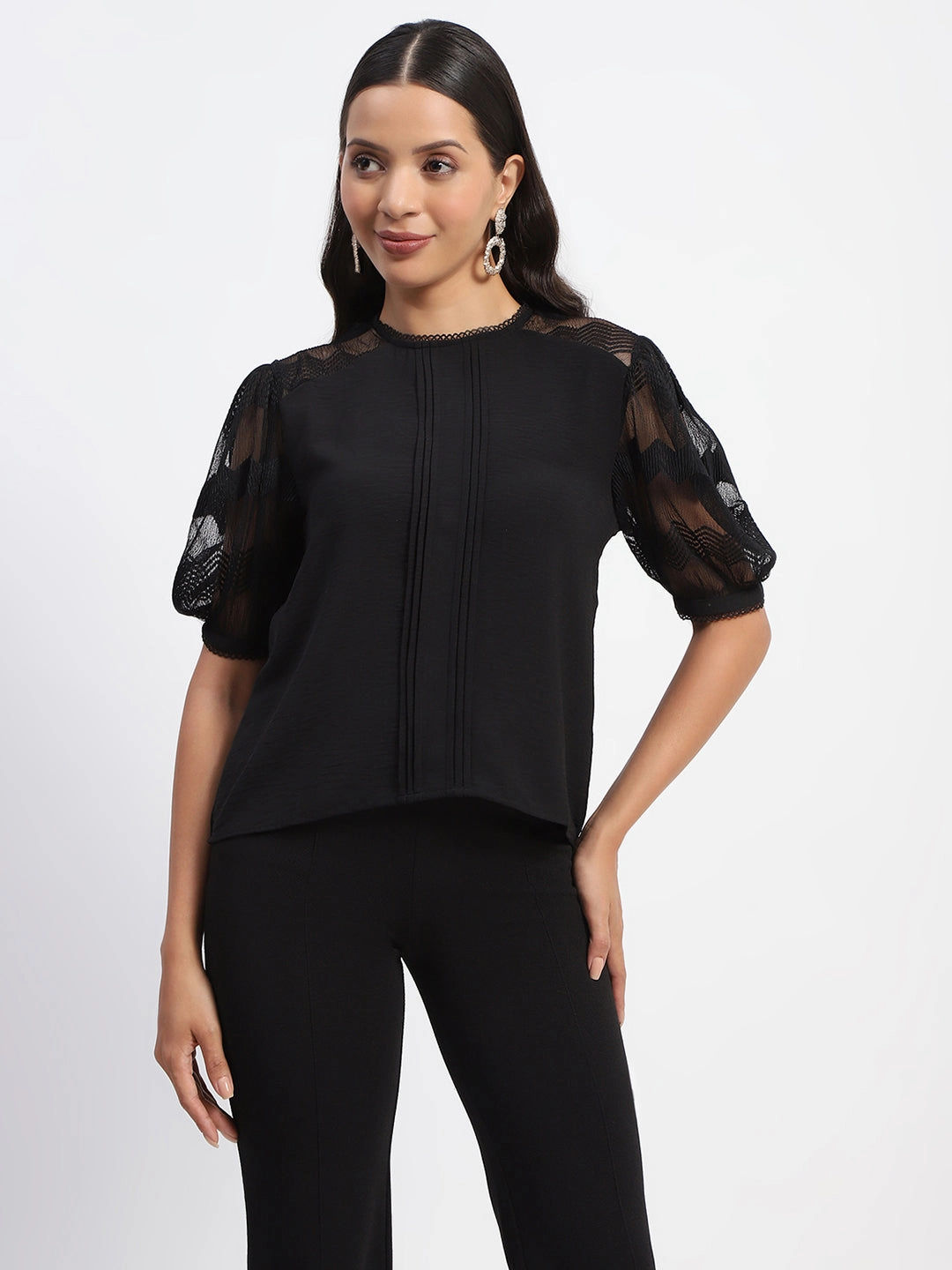 Madame Embroidered Crew Neck Black Mesh Top SublimatedPrint Bonded Seam Innovation