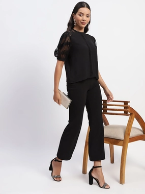 Madame Embroidered Crew Neck Black Mesh Top CompressionTechnology