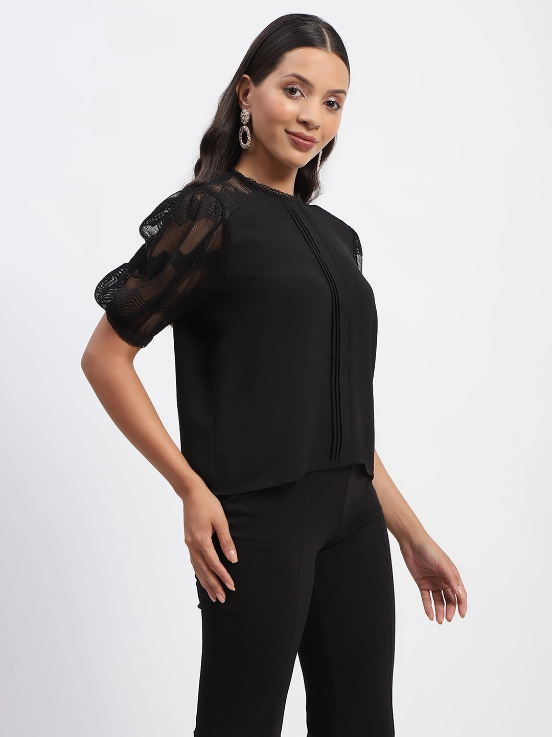 Madame Embroidered Crew Neck Black Mesh Top WaterResistantCoating