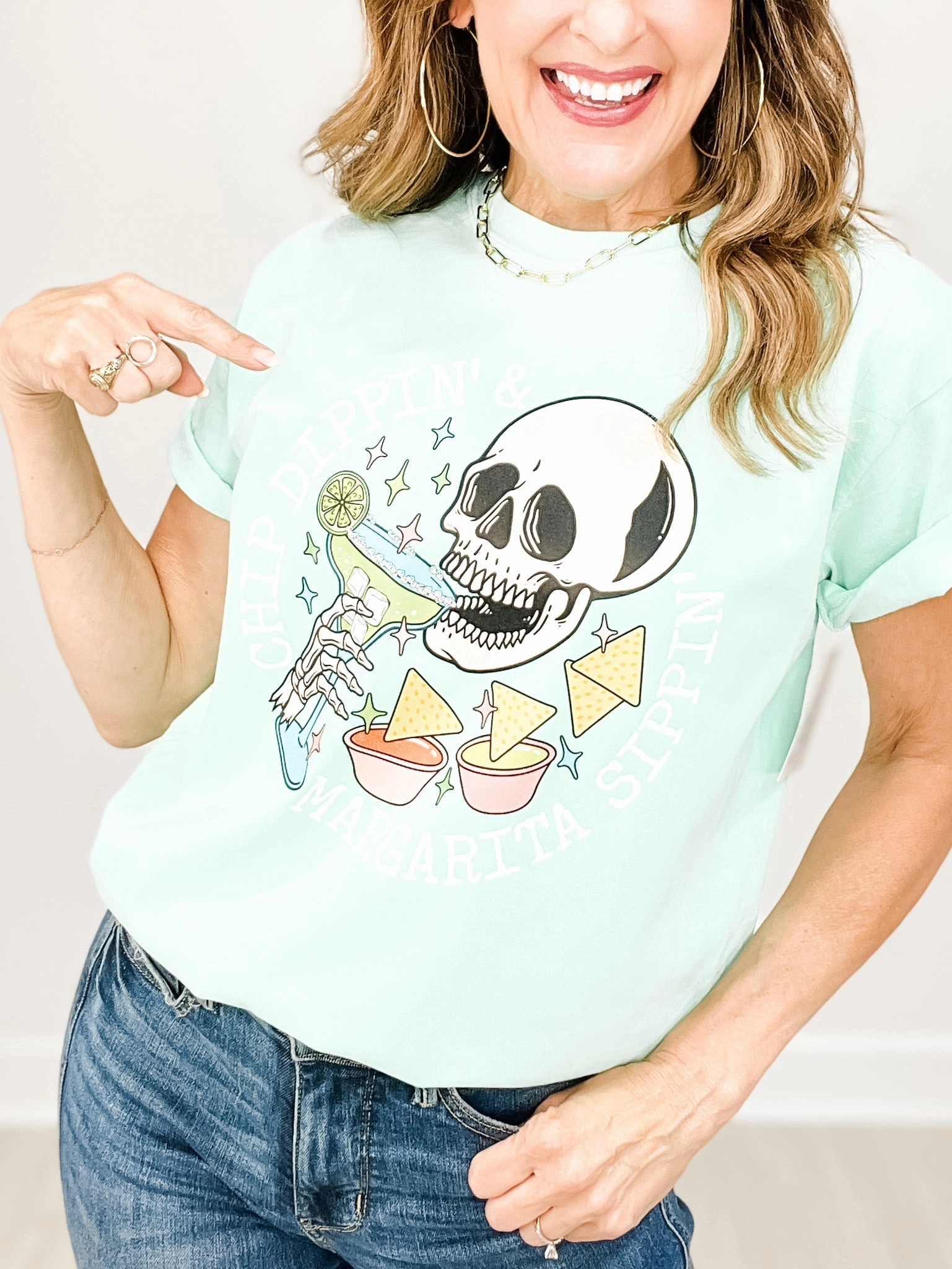 Chip Dippin' Margarita Sippin' Graphic Tee Sporty Blouse Soft Touch Blend