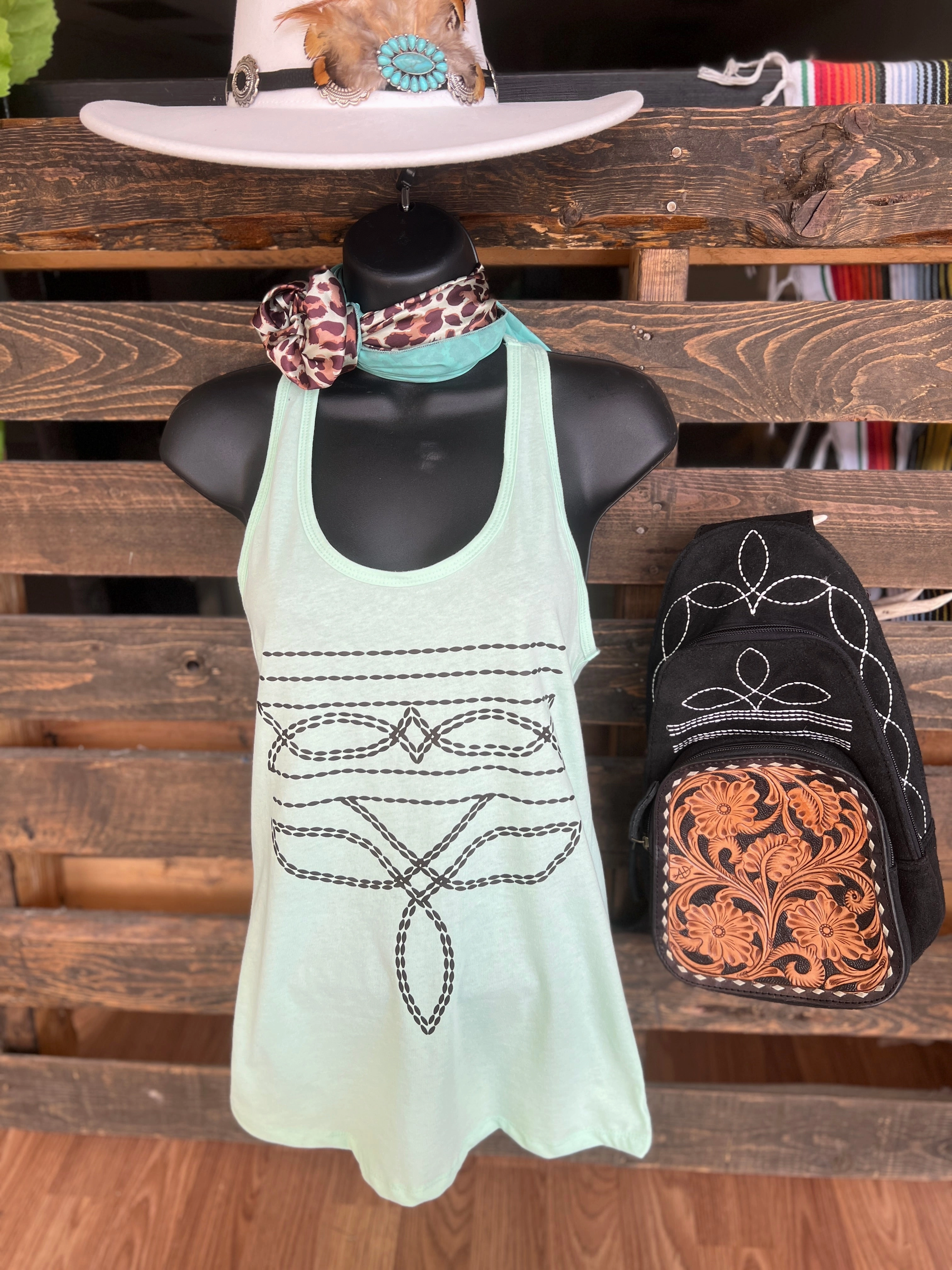 Ribbed Hemline Mint Western Boot Stitch Graphic Racerback Tank*