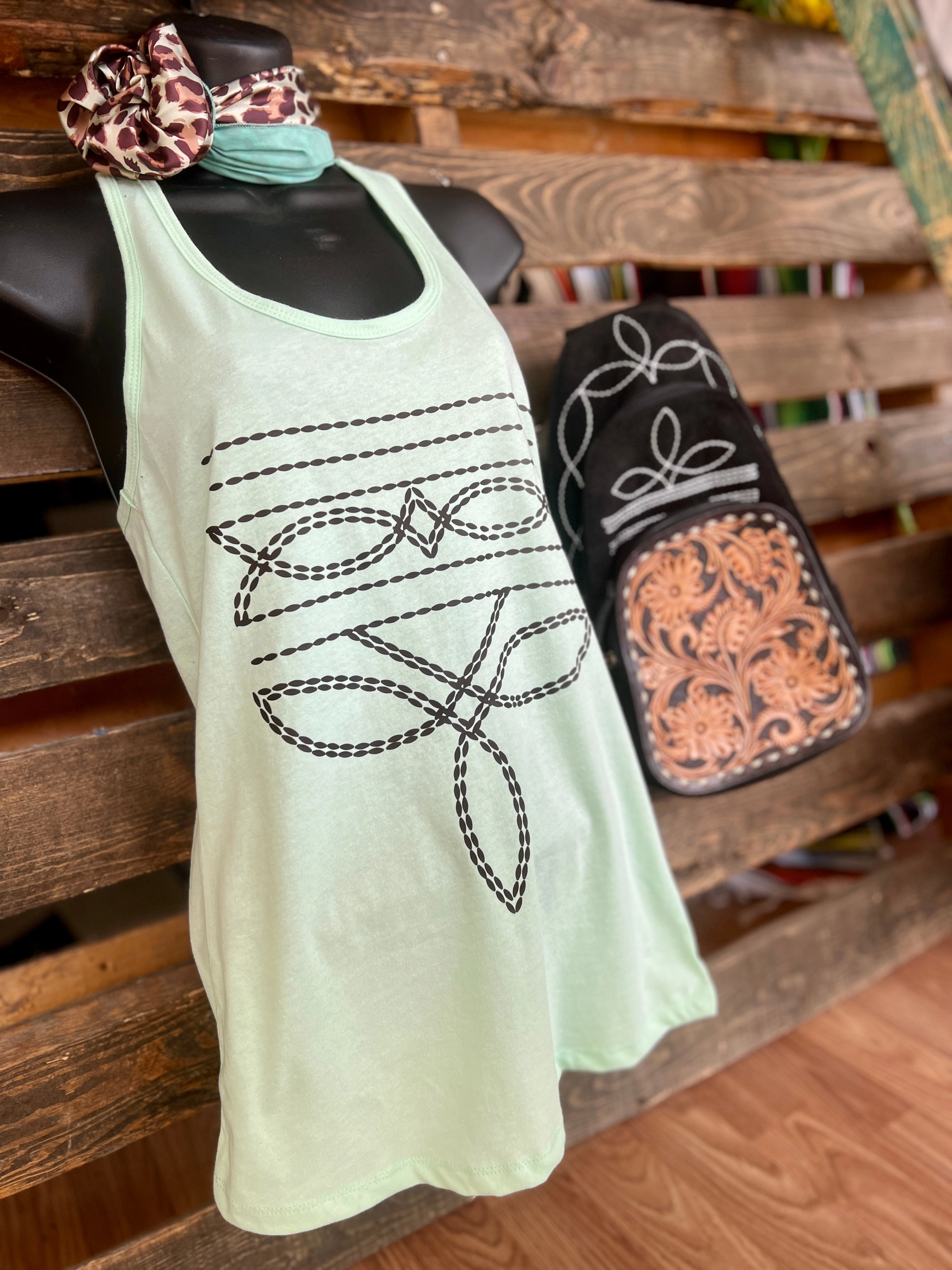 TearResistant Blends Mint Western Boot Stitch Graphic Racerback Tank*