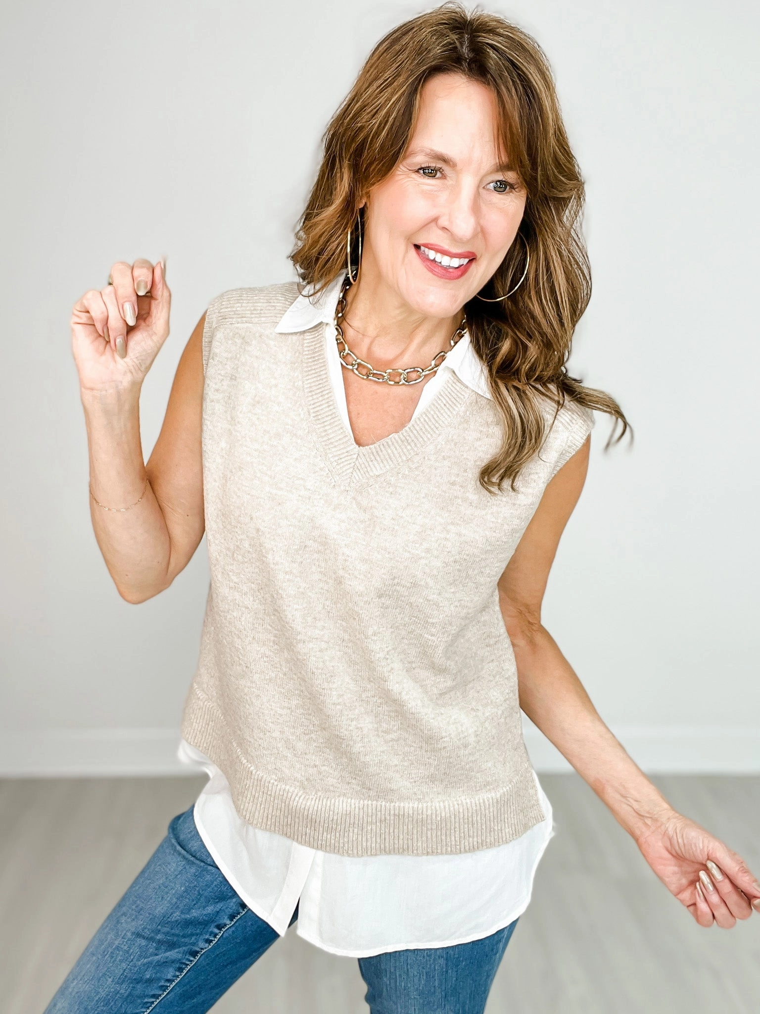 Mixed Media Sleeveless Sweater Vest Sporty Sweatshirt