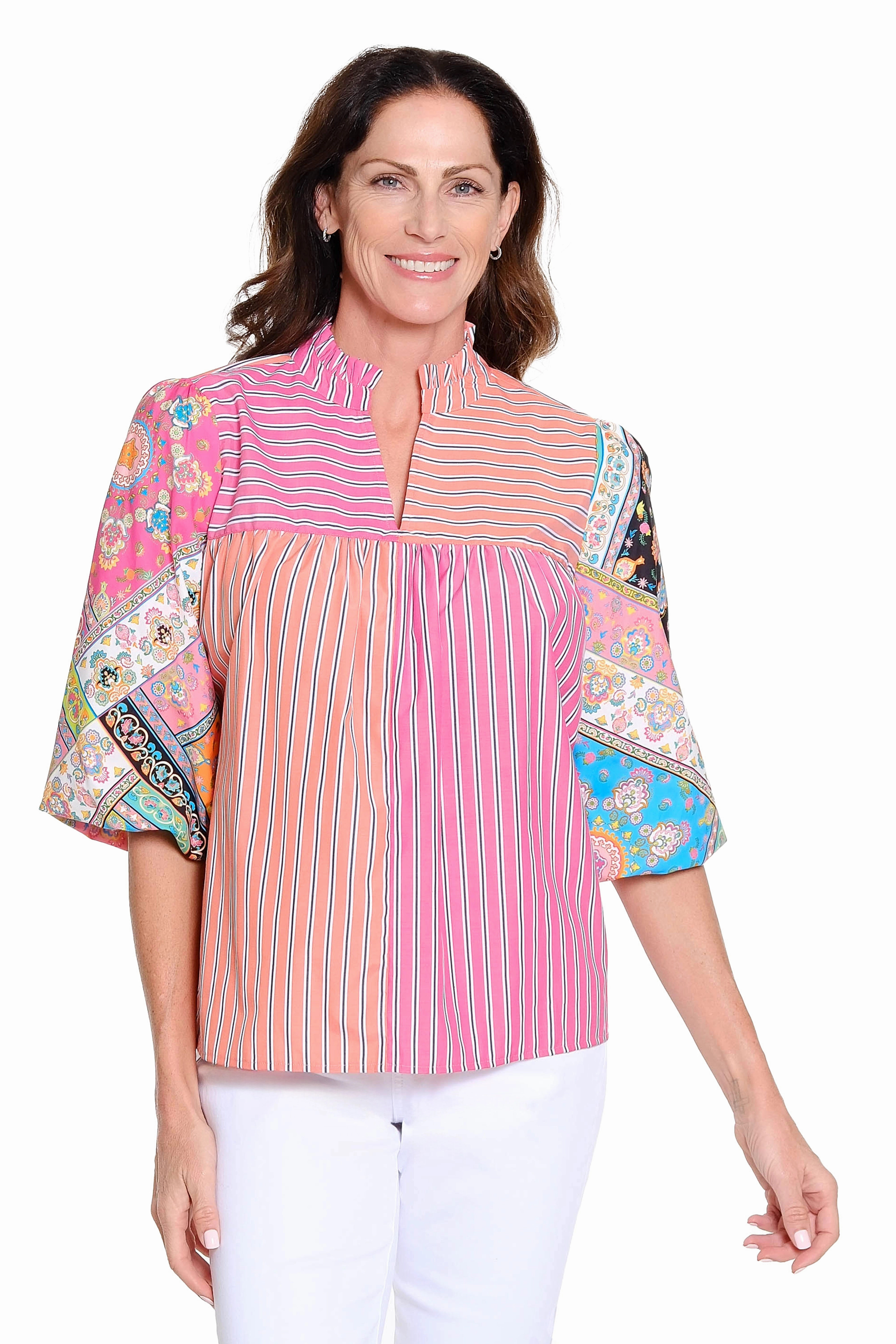 Mixed Print and Stripe Popover Top ?C Multi Breathable Design UPF Protective Fabric