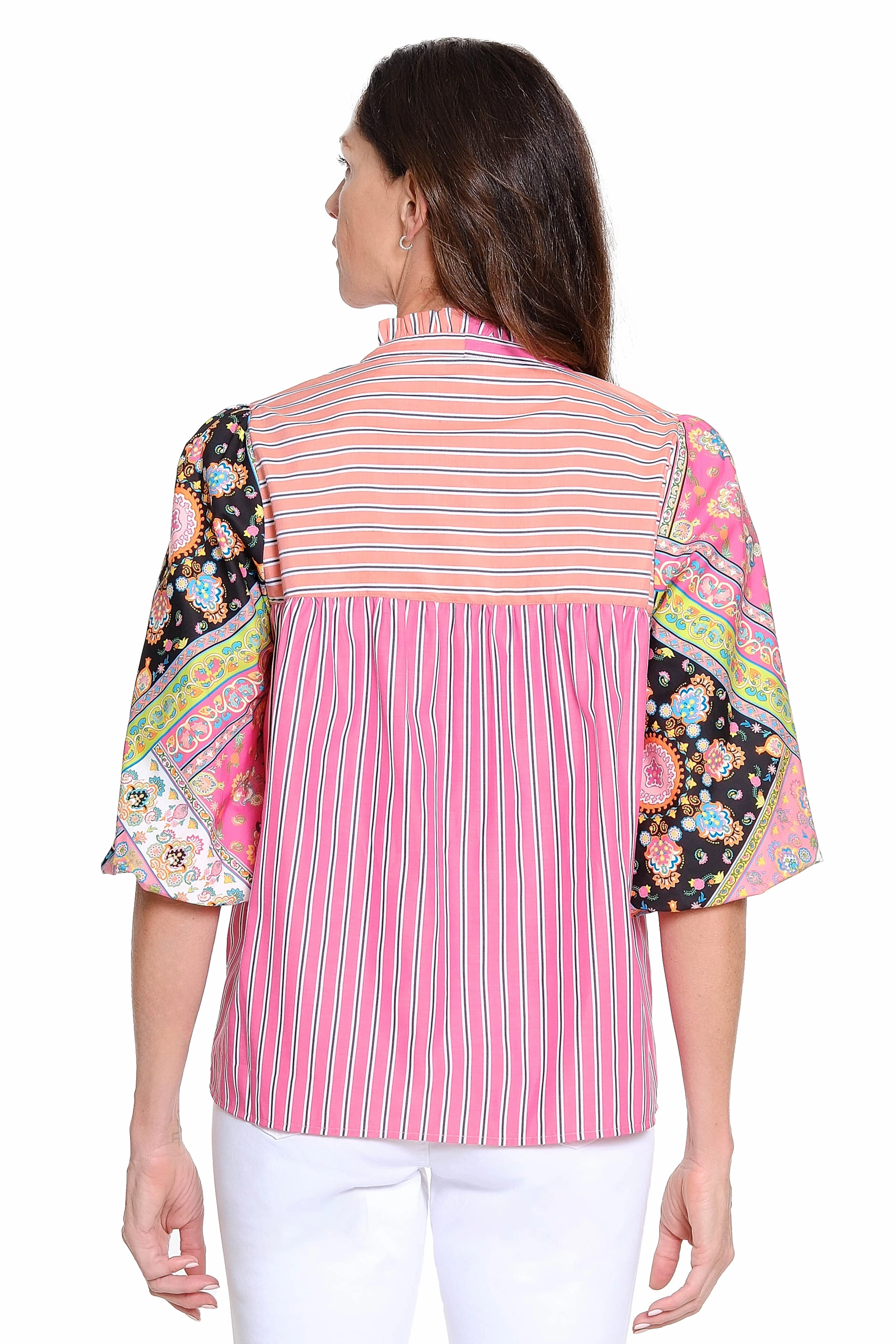 Mixed Print and Stripe Popover Top ?C Multi QuickDry Texture Comfort Cushion Neckline