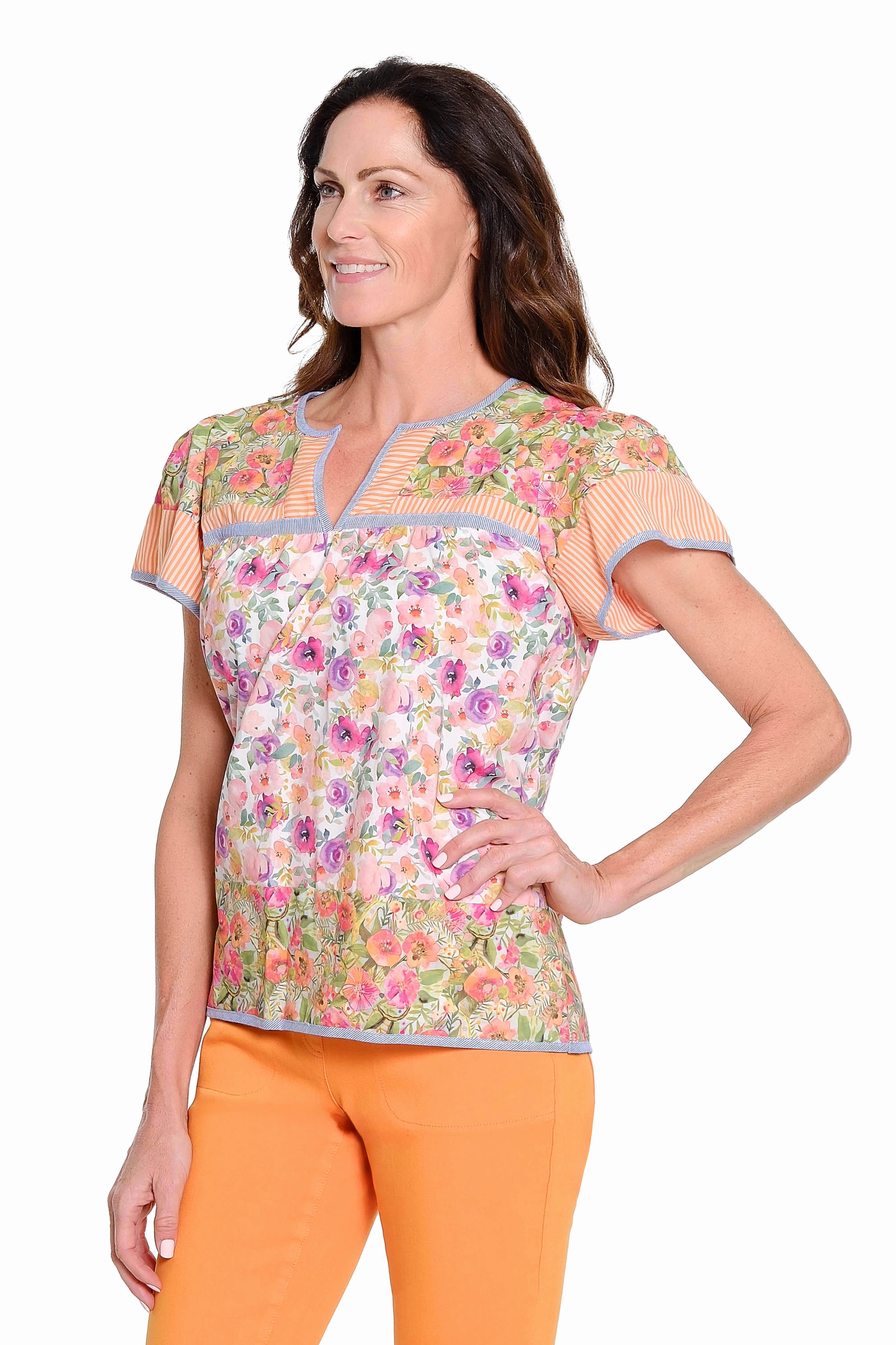 Breathable Construction Mixed Print Flutter Sleeve Popover Top - Multi