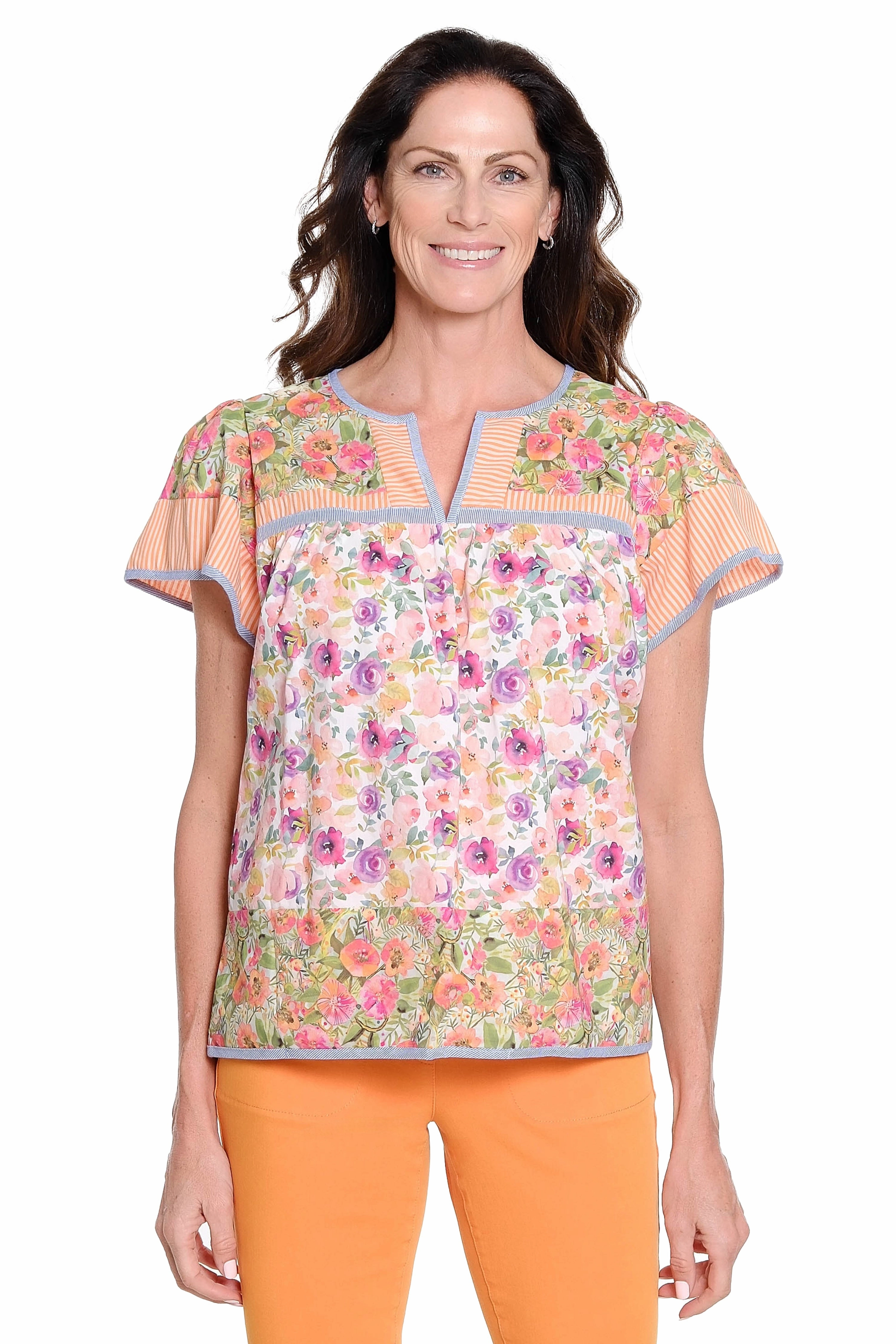 Roll Up Sleeve System Mixed Print Flutter Sleeve Popover Top - Multi