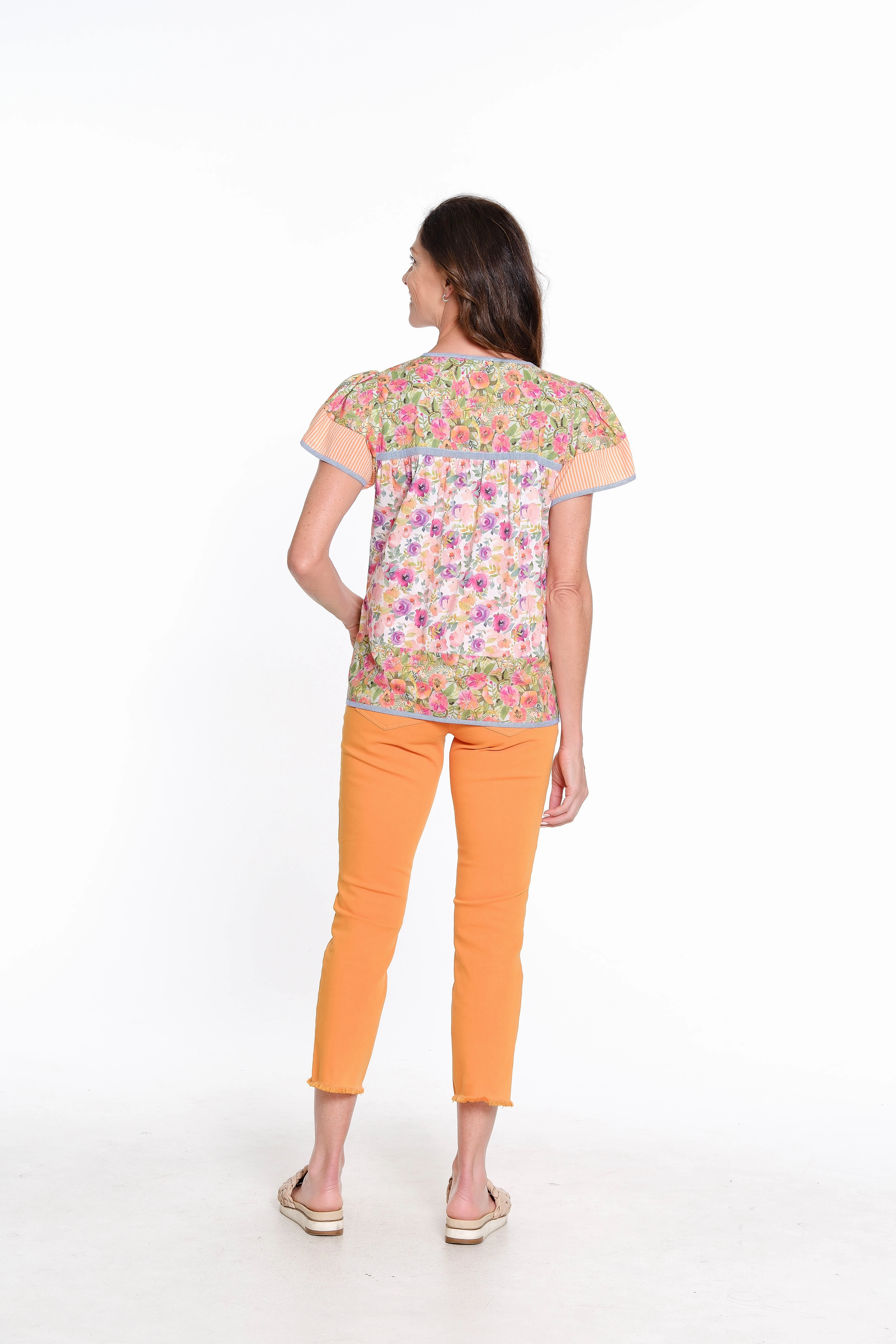 Mixed Print Flutter Sleeve Popover Top - Multi Breathable Underarm Gussets BrushedInnerSurface
