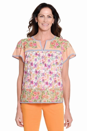 Roll Up Sleeve System Mixed Print Flutter Sleeve Popover Top - Multi