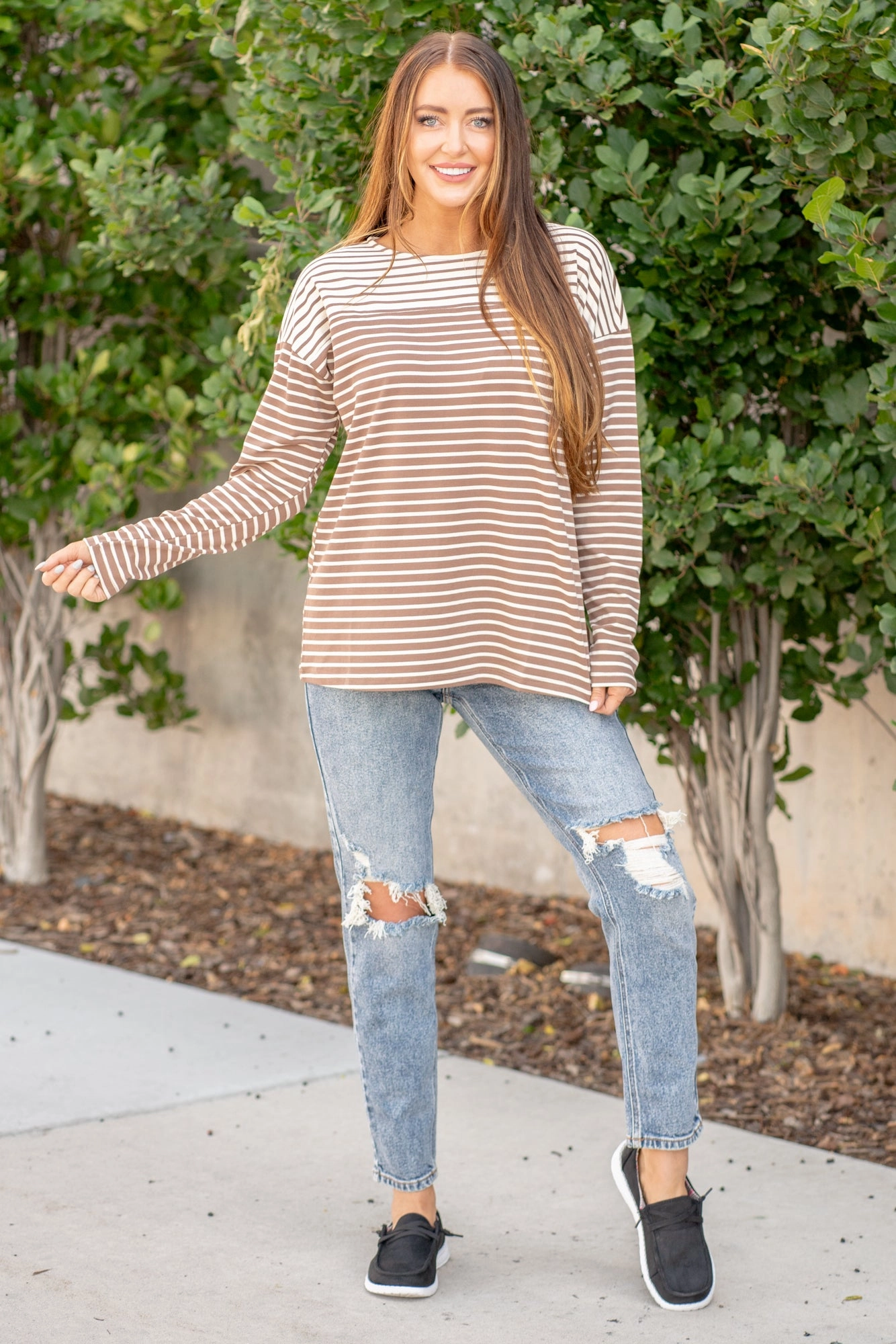 Flexible Neckline Mixed Striped Knit Top - Mocha