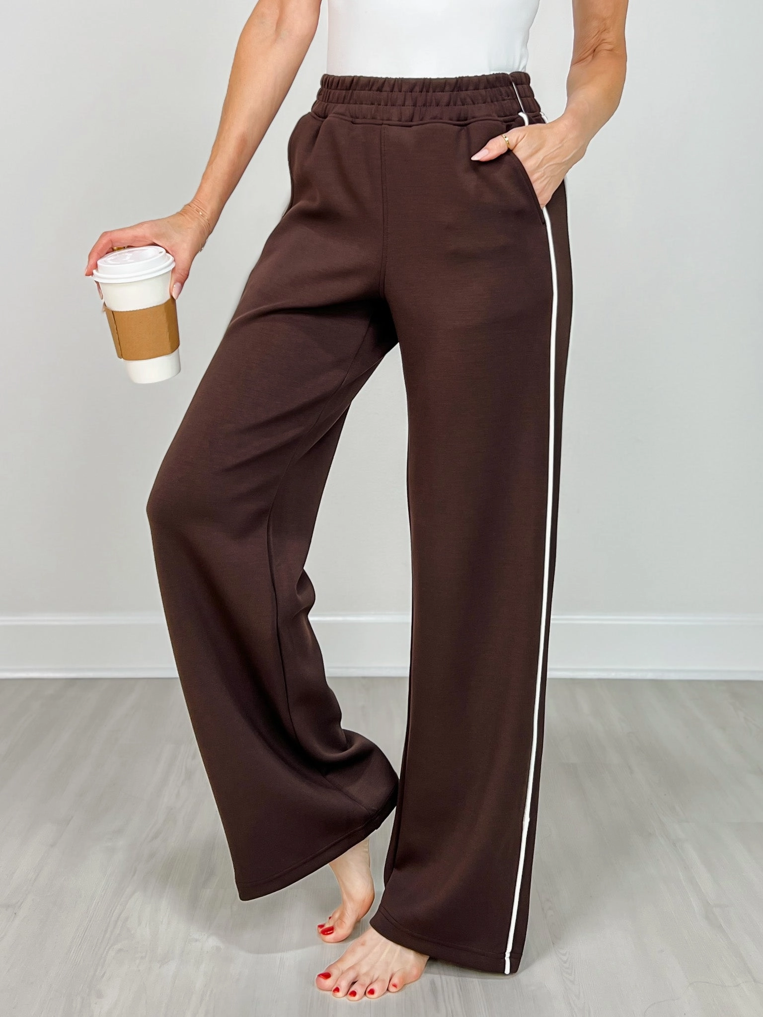 All Round Wear Modal Scuba Stripe Piping Straight Pant in Espresso Cream