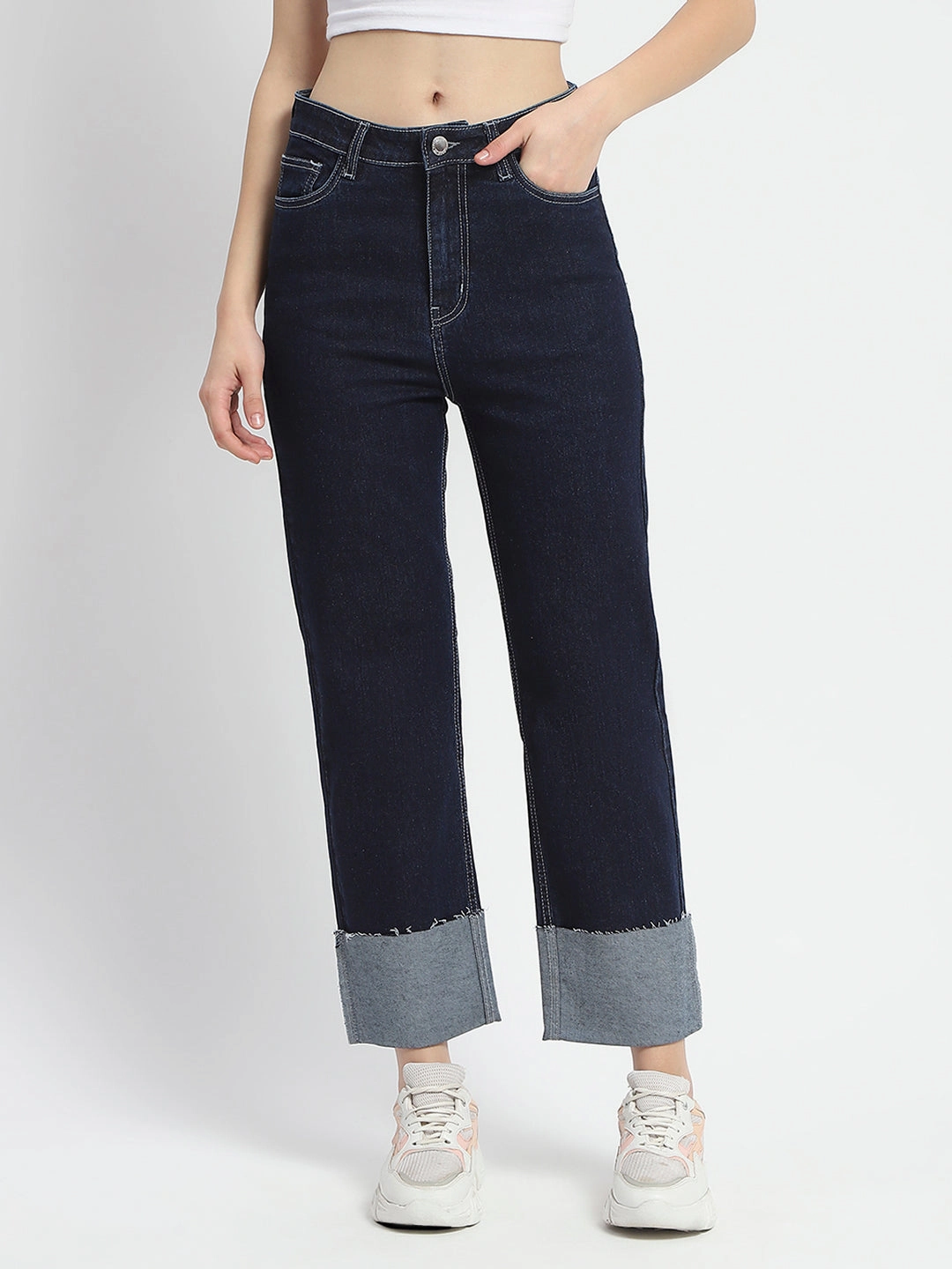 Madame Rolled Hem Straight Fit Solid Dark Blue Cotton Denim Urban Explorer Trend Setter Total Fit