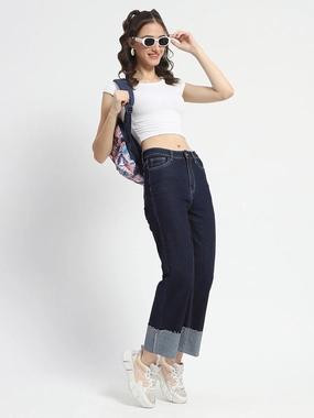 Festival Outfit Urban Explorer Premium Fit Madame Rolled Hem Straight Fit Solid Dark Blue Cotton Denim