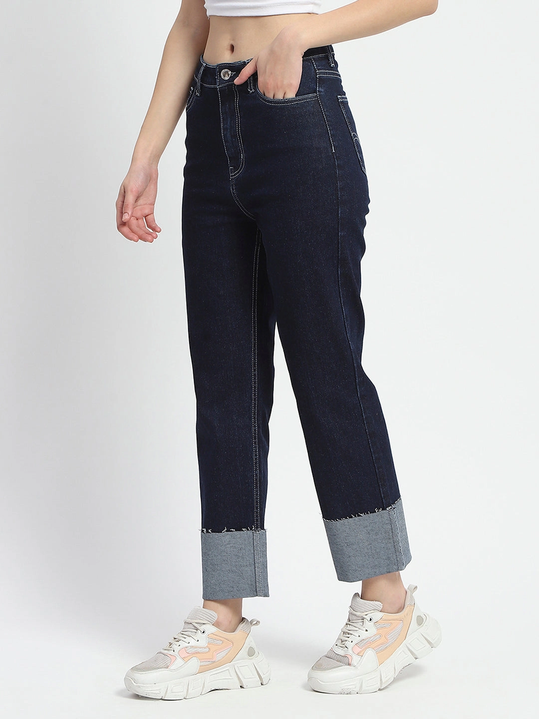 Simple Layers Madame Rolled Hem Straight Fit Solid Dark Blue Cotton Denim