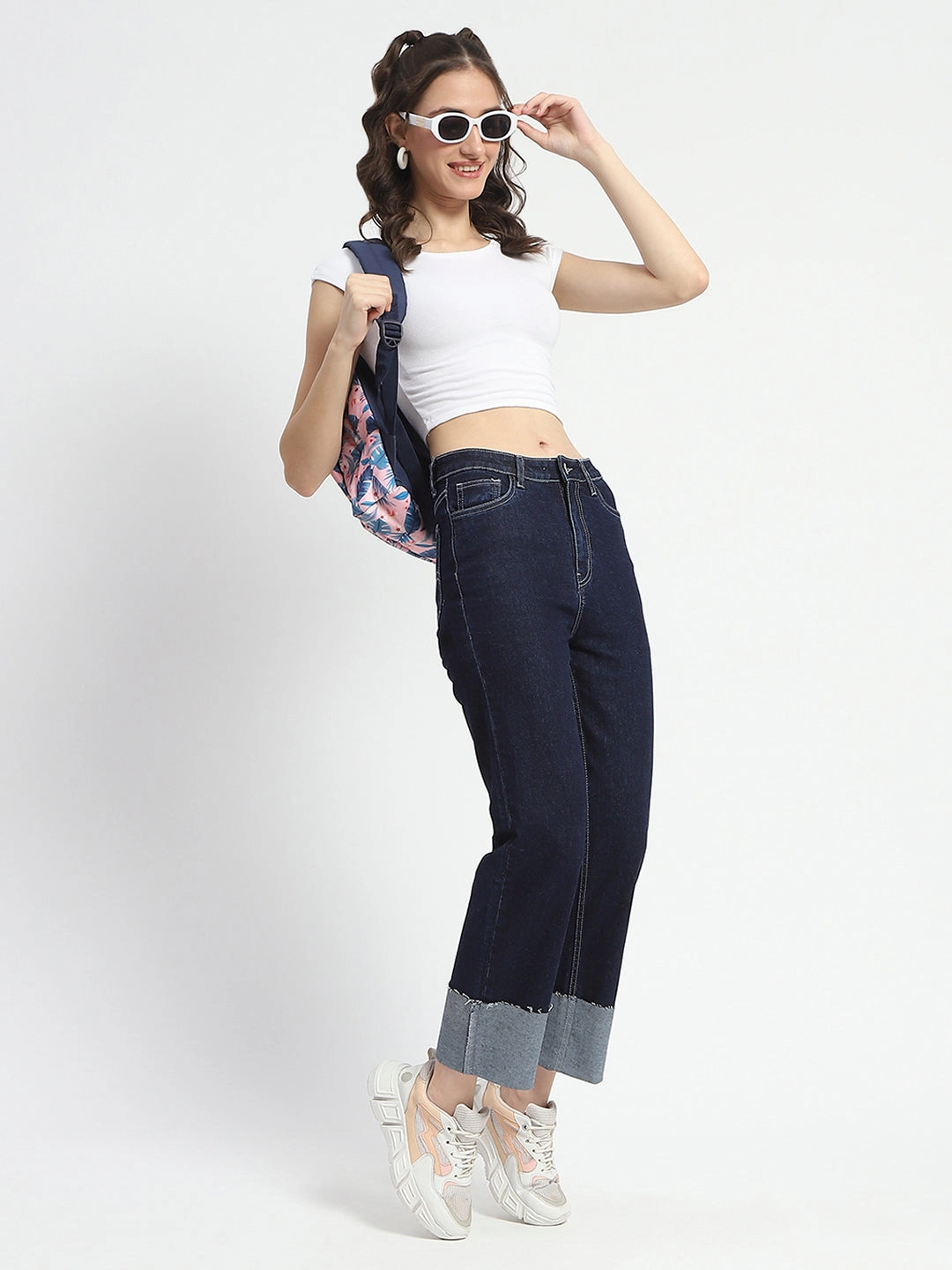Festival Outfit Urban Explorer Premium Fit Madame Rolled Hem Straight Fit Solid Dark Blue Cotton Denim