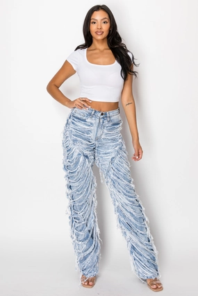 40612 Mid Rise Dual Layer Shaggy Outer Layer Jeans Water Efficient Wash Process Stylish Fit