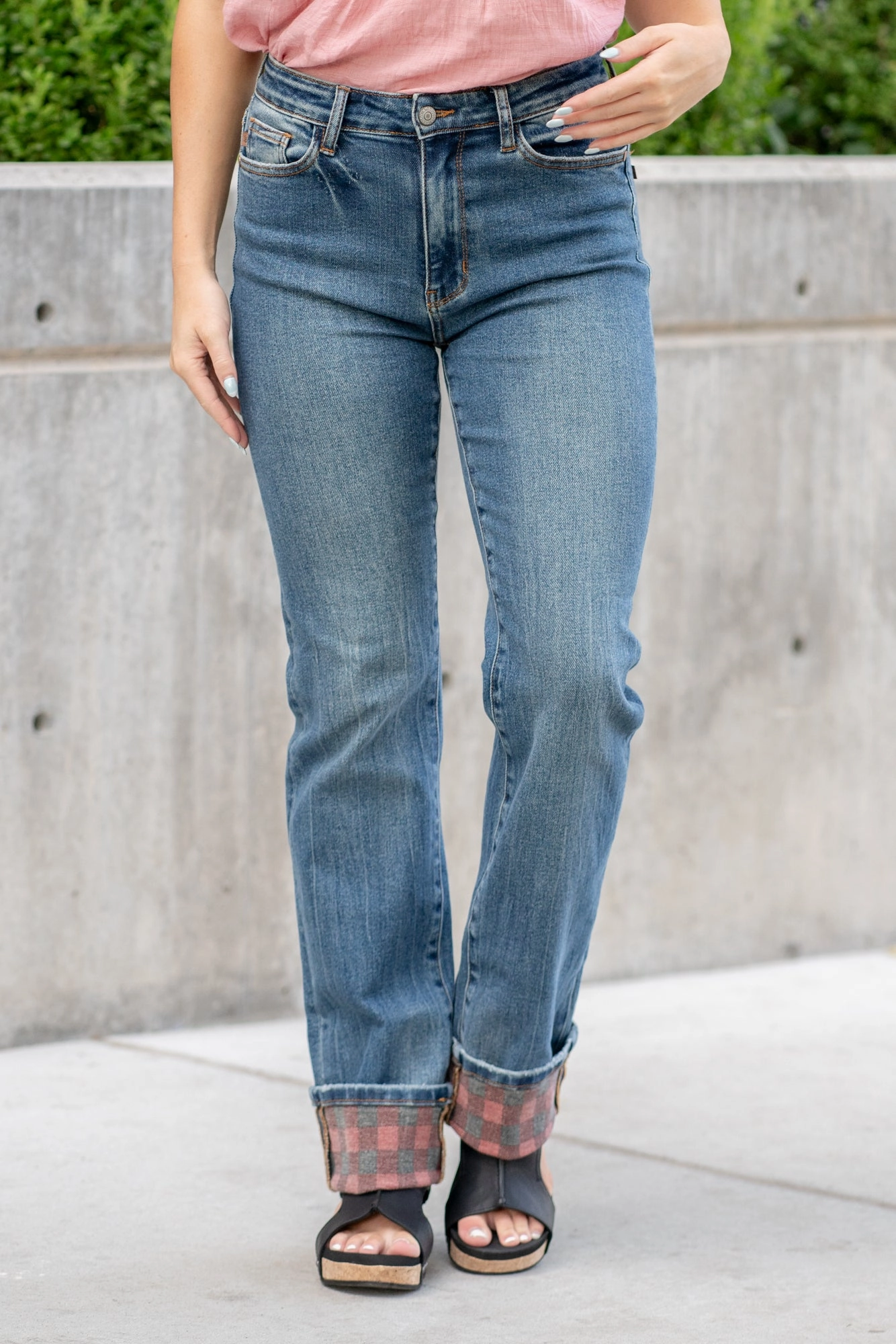 Plus Size Plaid Cuffed High Rise Cuffed Straight Leg (Long Inseam Option) Tapered leg