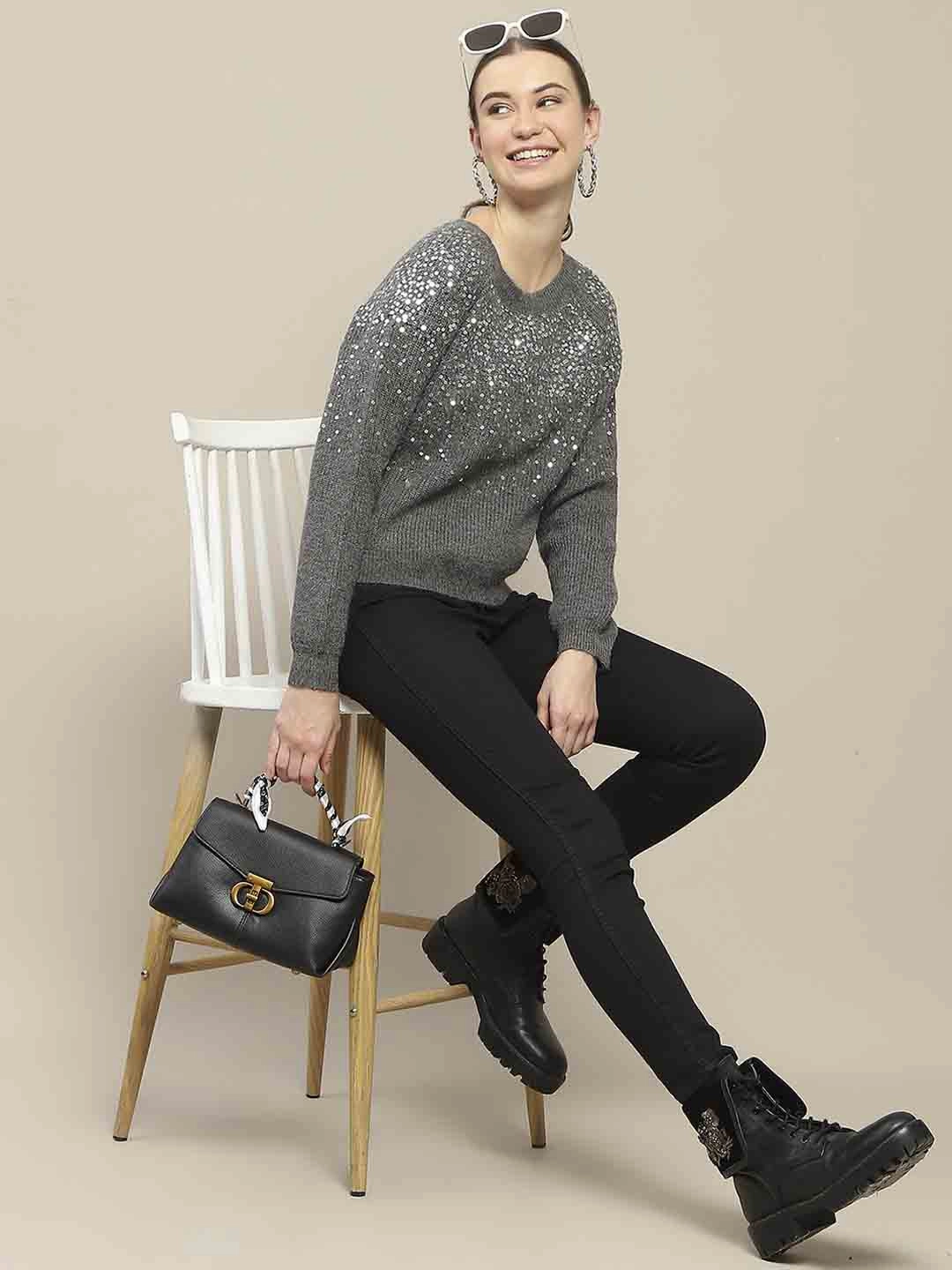 Madame Sequin Adorned Dark Grey Sweater Timeless Cozy