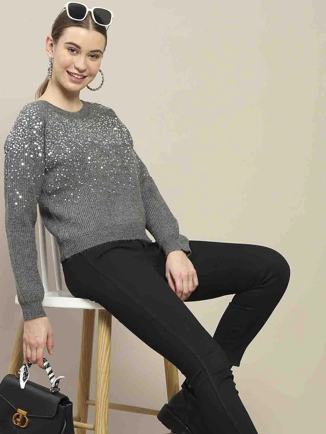 Low Maintenance Care Low Maintenance Fabric Madame Sequin Adorned Dark Grey Sweater