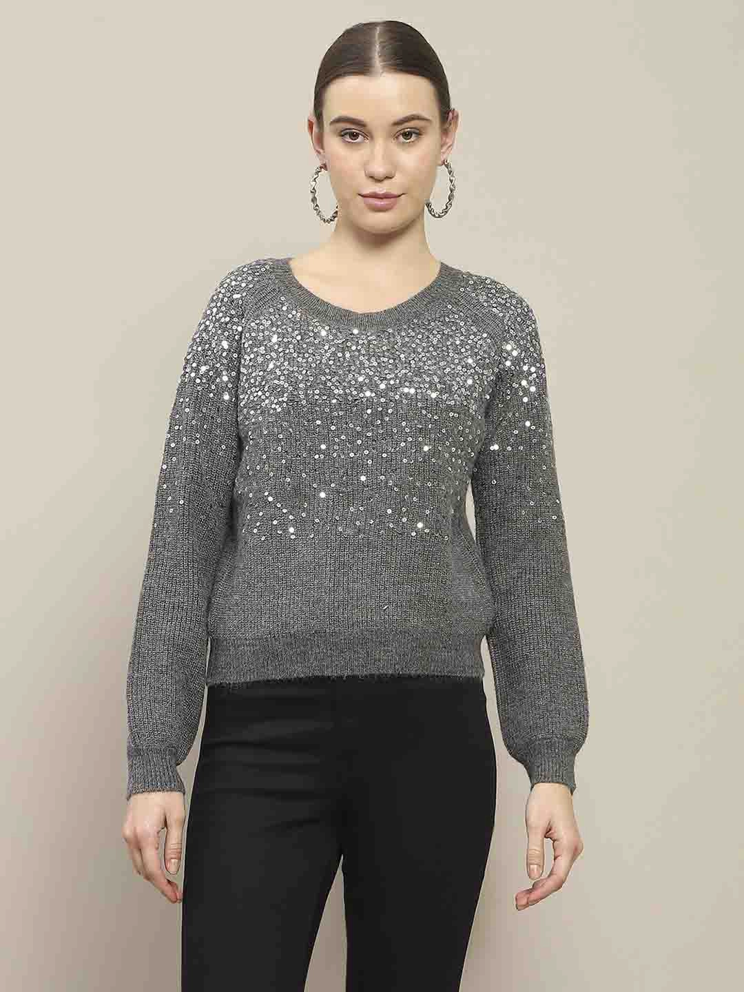 Easy Movement Madame Sequin Adorned Dark Grey Sweater