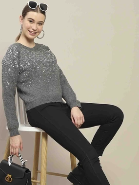 Low Maintenance Care Low Maintenance Fabric Madame Sequin Adorned Dark Grey Sweater
