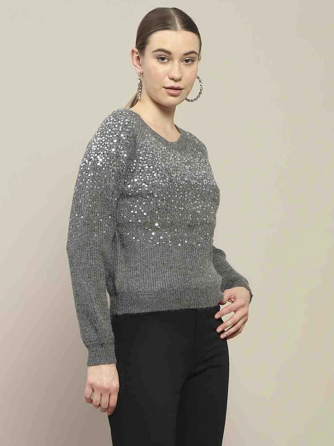 Madame Sequin Adorned Dark Grey Sweater Soft and Stretchy Breathable touch