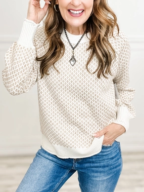 Texture Detail Crew Neck Raglan Sleeve Sweater in Beige Soft Comfort