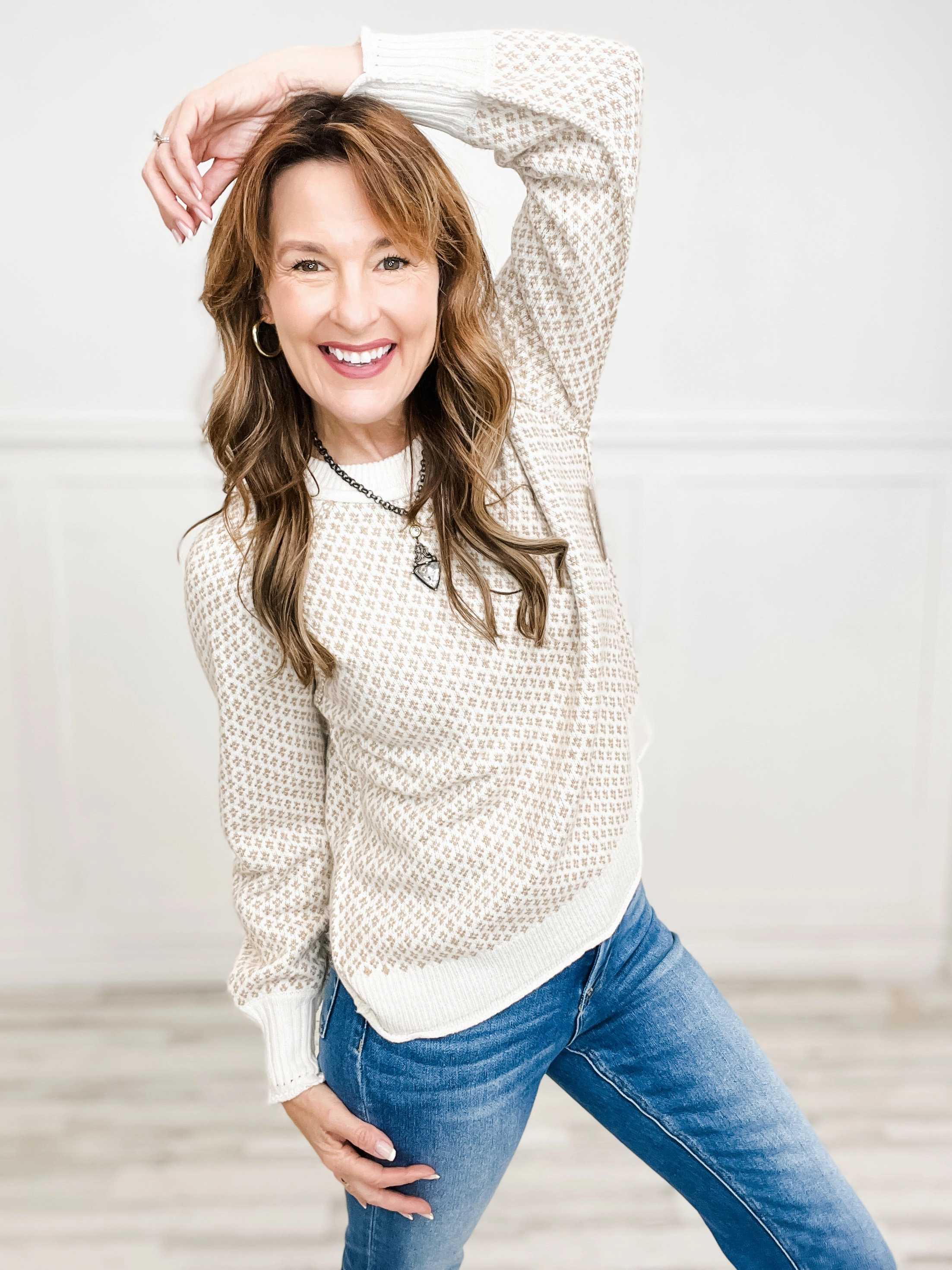 Cozy Chic Essential Knit Style Texture Detail Crew Neck Raglan Sleeve Sweater in Beige