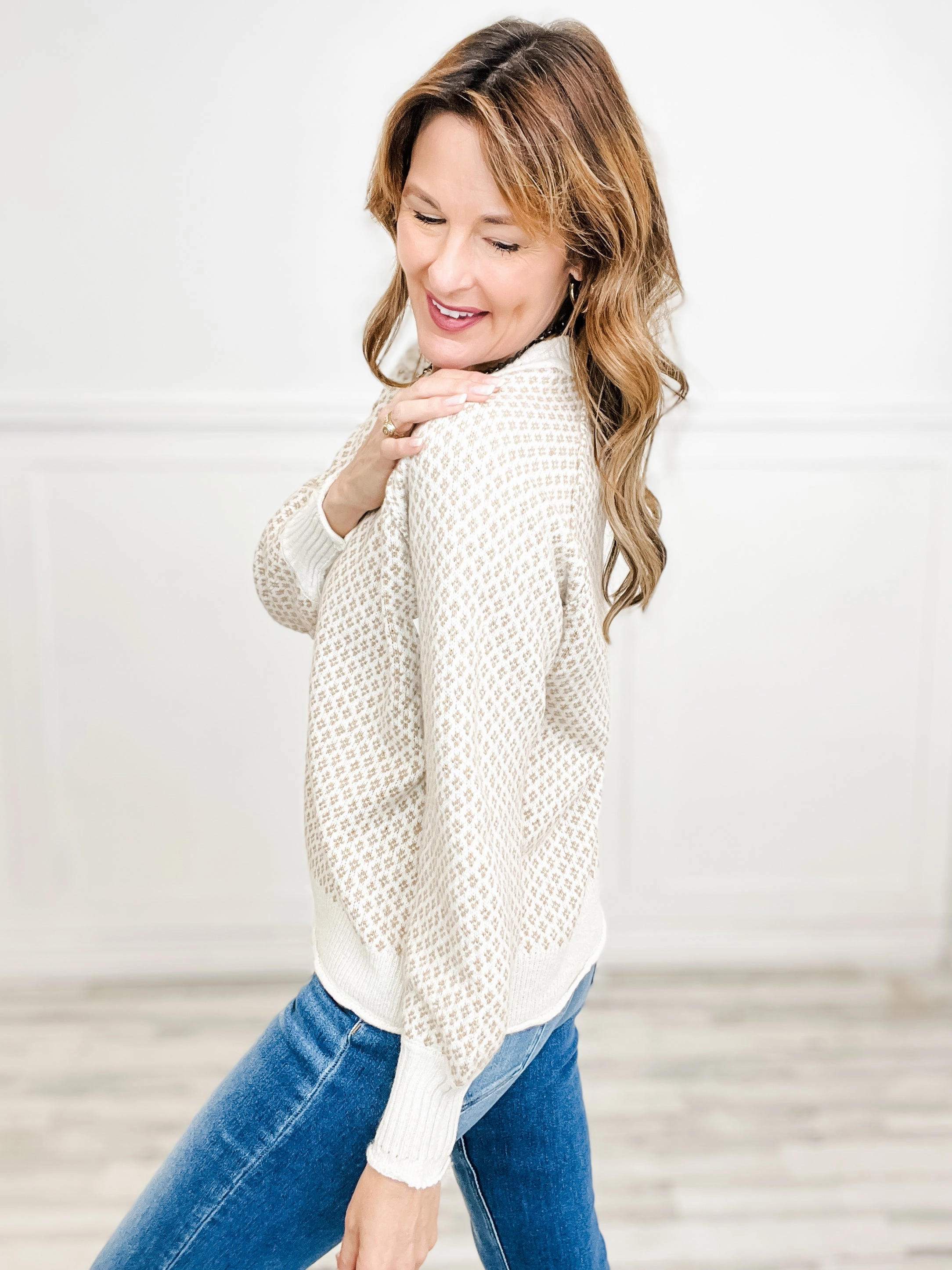Texture Detail Crew Neck Raglan Sleeve Sweater in Beige Casual Ease Premium Cotton Blend
