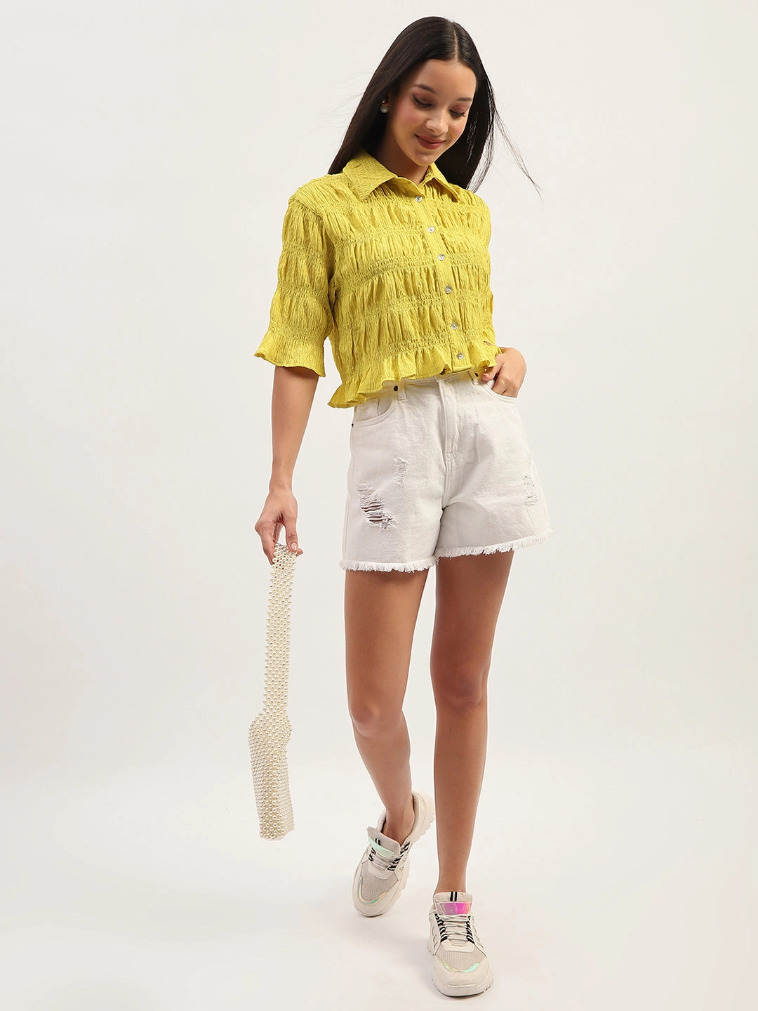 Madame Pleated Detailing Solid Lime Shirt Seasonal Trend Durable Quality