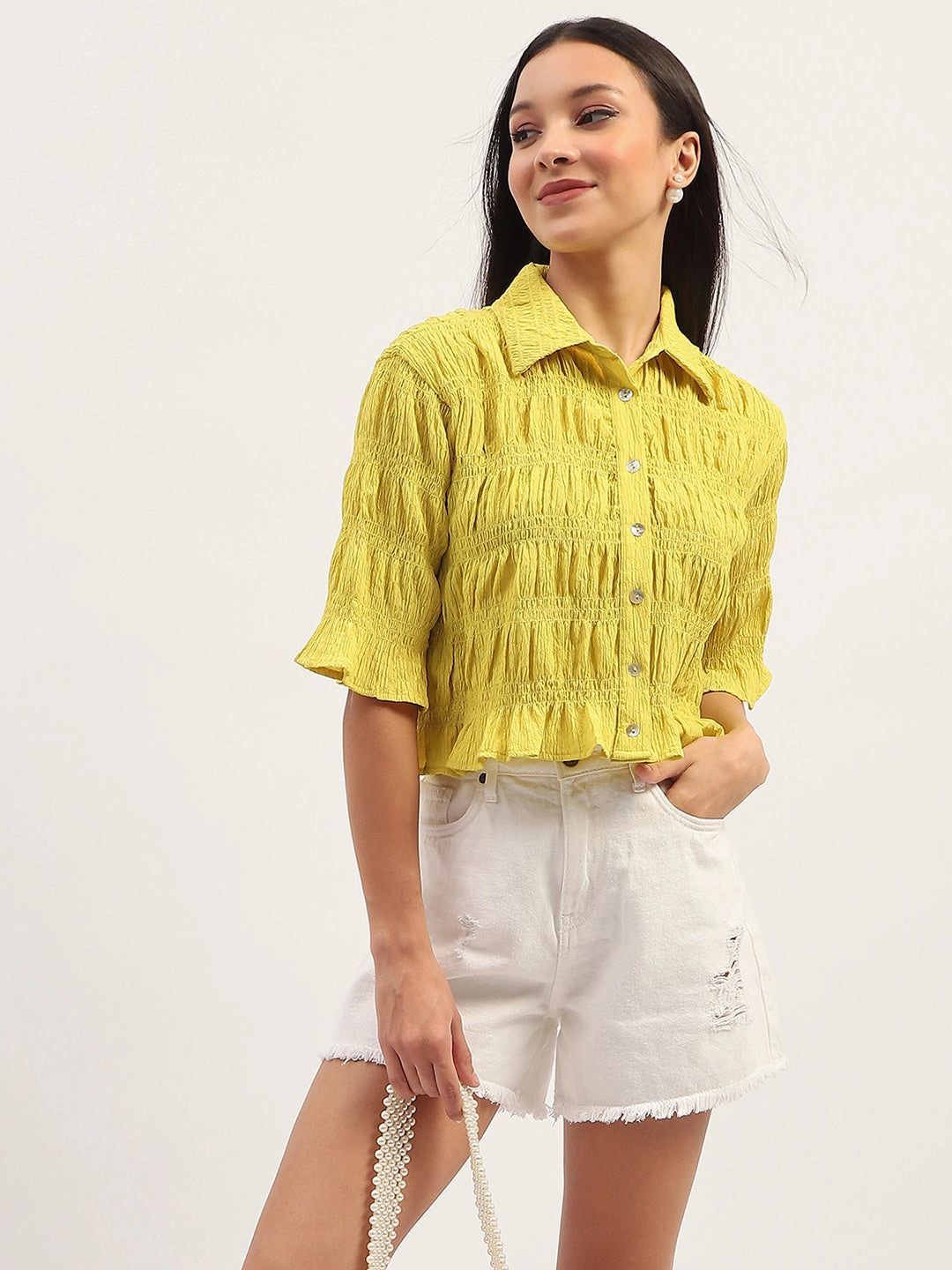 Madame Pleated Detailing Solid Lime Shirt Temperature Regulating Ventilated Back