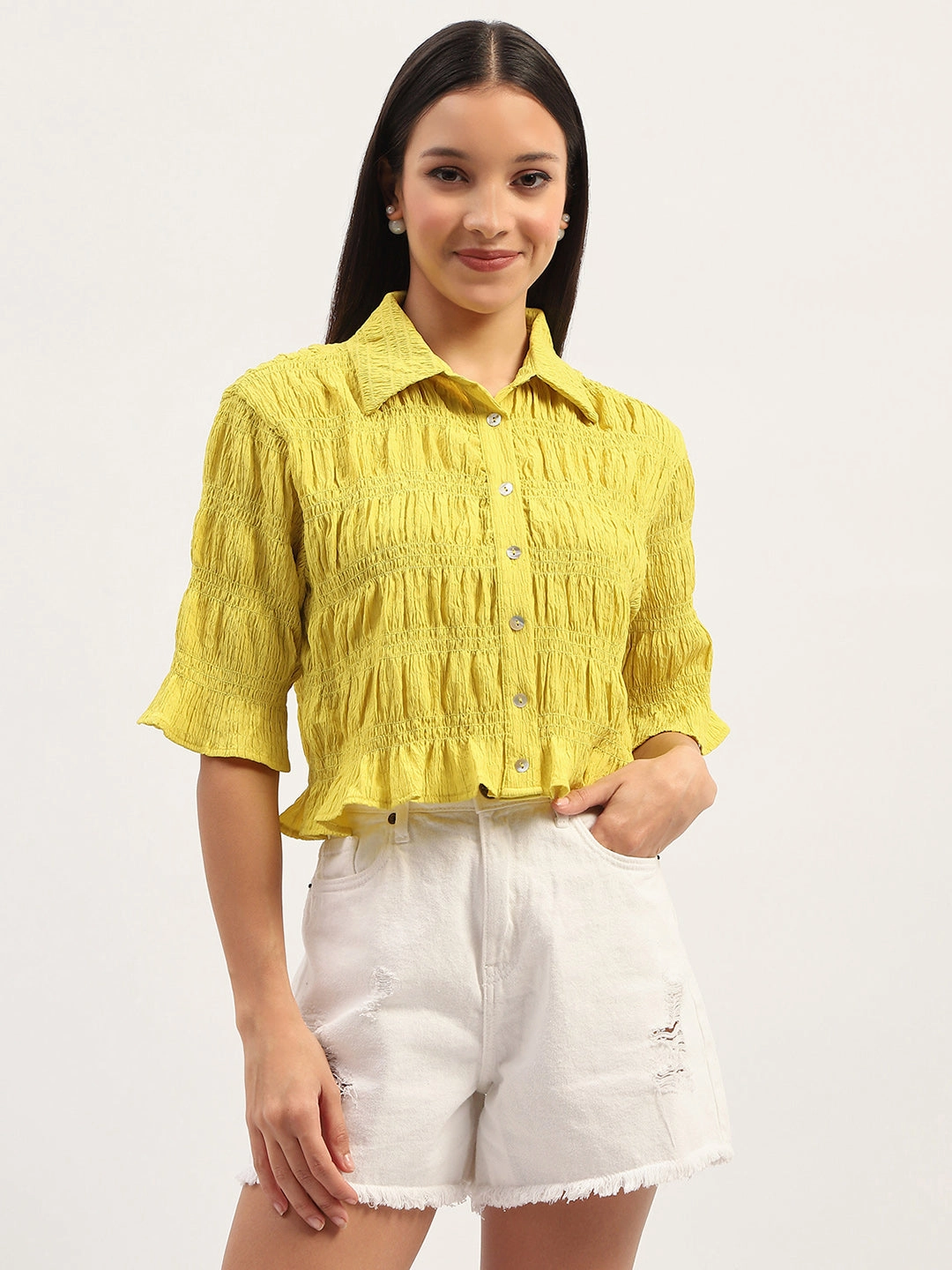 Madame Pleated Detailing Solid Lime Shirt Casual Design Temperature Regulating