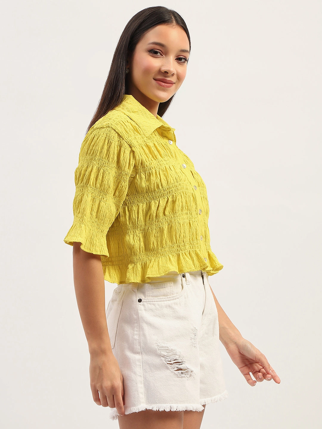 Travel-friendly Anti-static Madame Pleated Detailing Solid Lime Shirt
