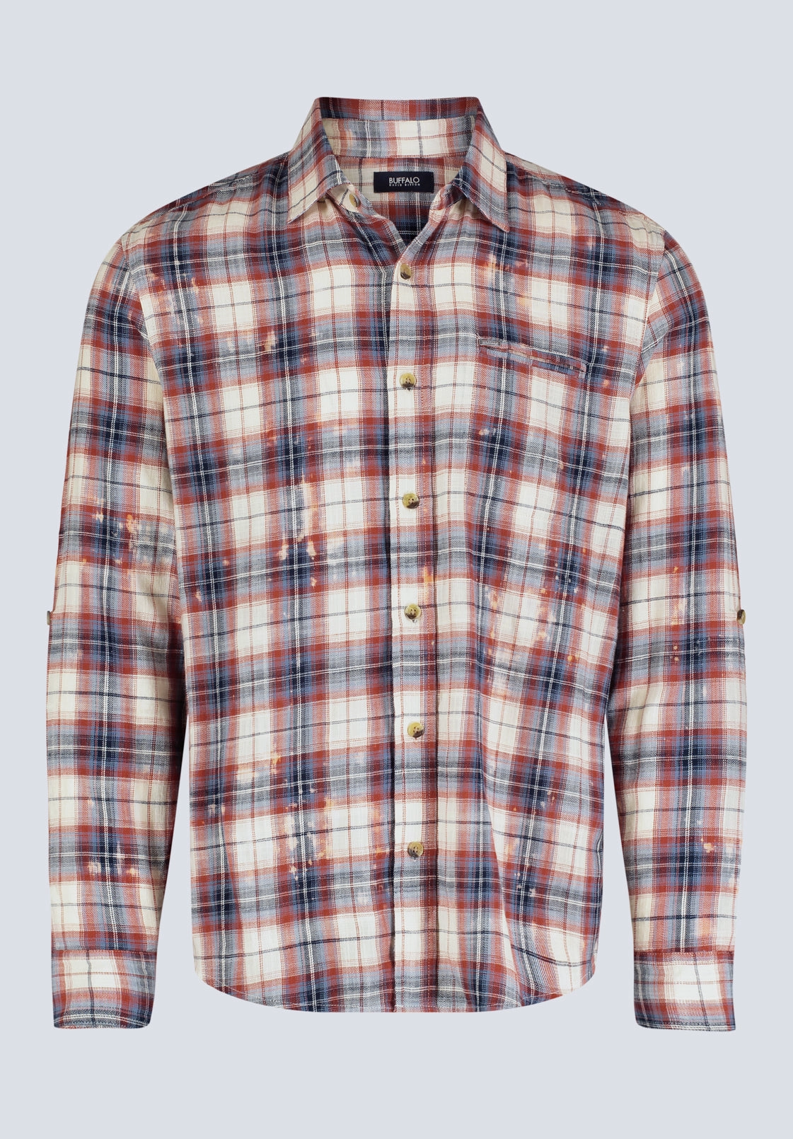 Distressed finish Simbio Men's Long-Sleeve Plaid Fitted Shirt, Beige, Blue & Red - BM24429