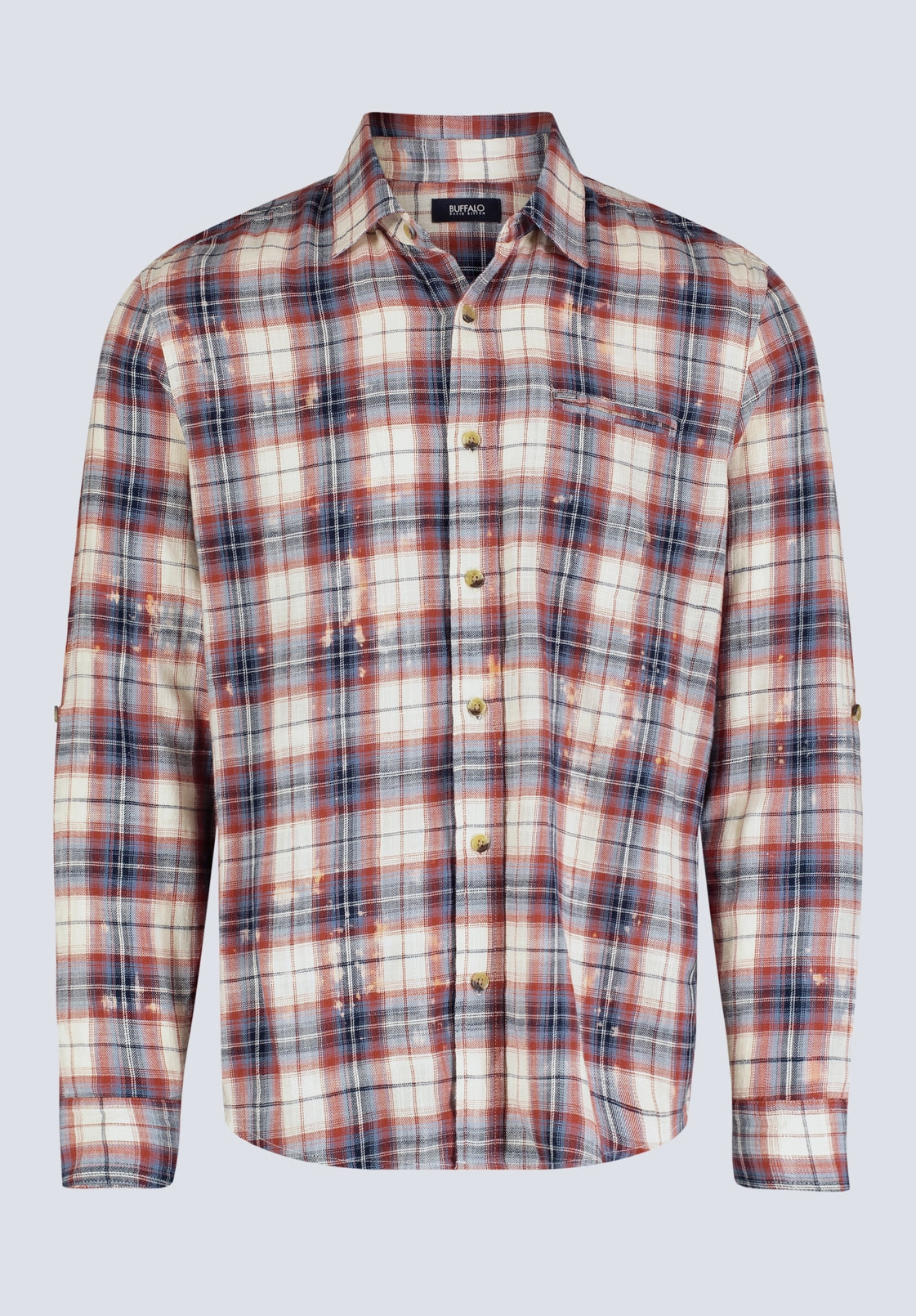 Bold Print Simbio Men's Long-Sleeve Plaid Fitted Shirt, Beige, Blue & Red - BM24429