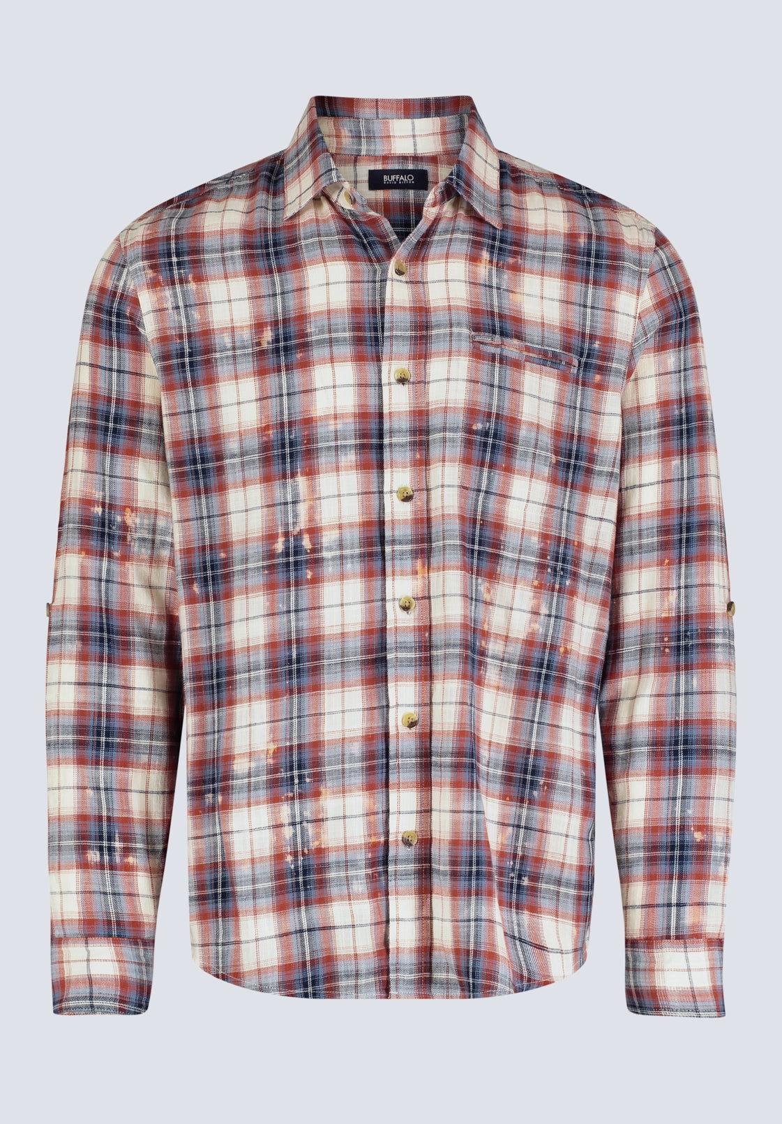 Smooth Zipper Design Comfortable Design Simbio Men's Long-Sleeve Plaid Fitted Shirt, Beige, Blue & Red - BM24429