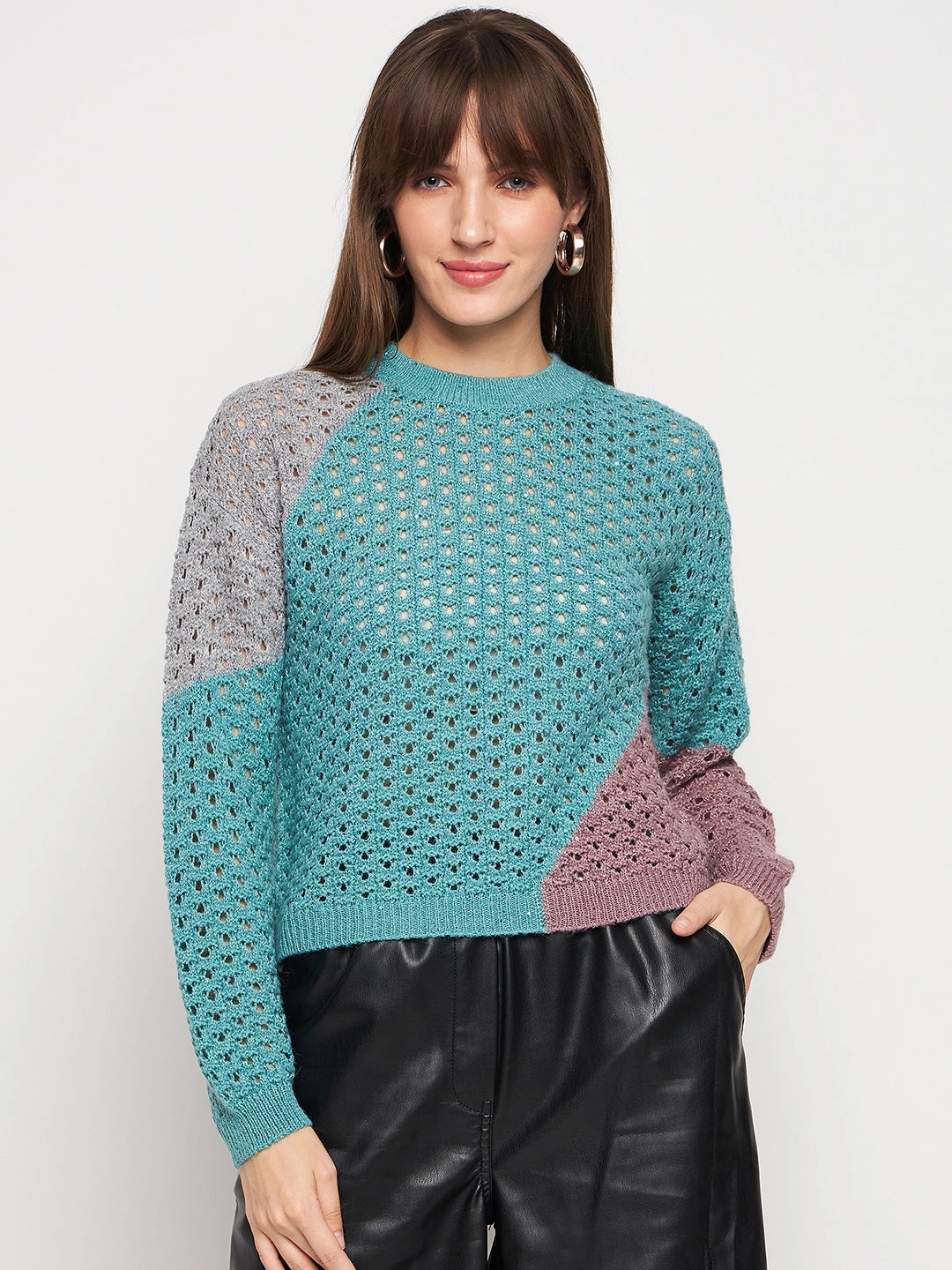 Cozy Apparel Relaxed Wearable Madame Aqua Pointelle-Knit Jumper