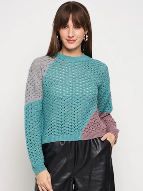 Cozy Apparel Relaxed Wearable Madame Aqua Pointelle-Knit Jumper