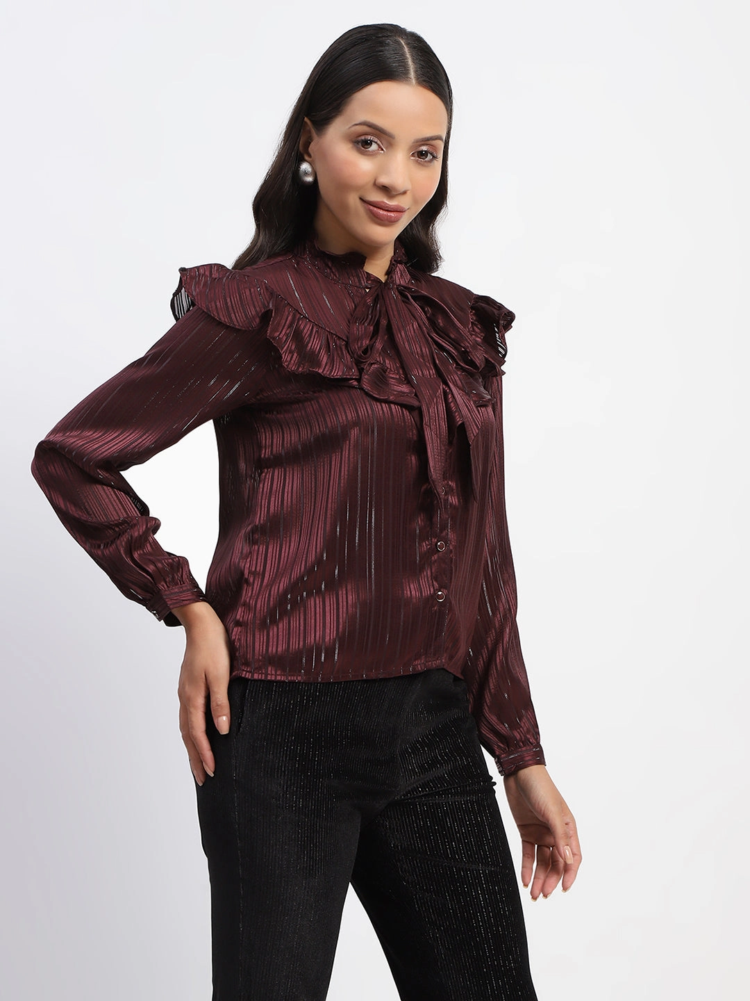 Formal Blouse Madame Tie Knot Frill Necked Striped Wine Top