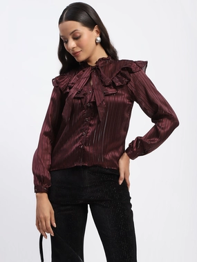 Madame Tie Knot Frill Necked Striped Wine Top Breathable Microfiber