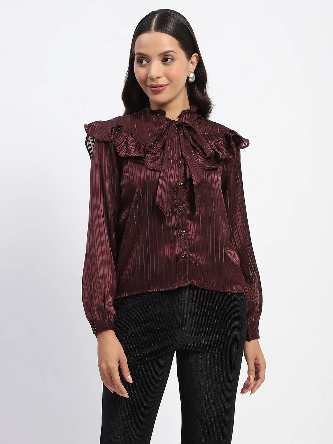 Classic Crew Neck Madame Tie Knot Frill Necked Striped Wine Top