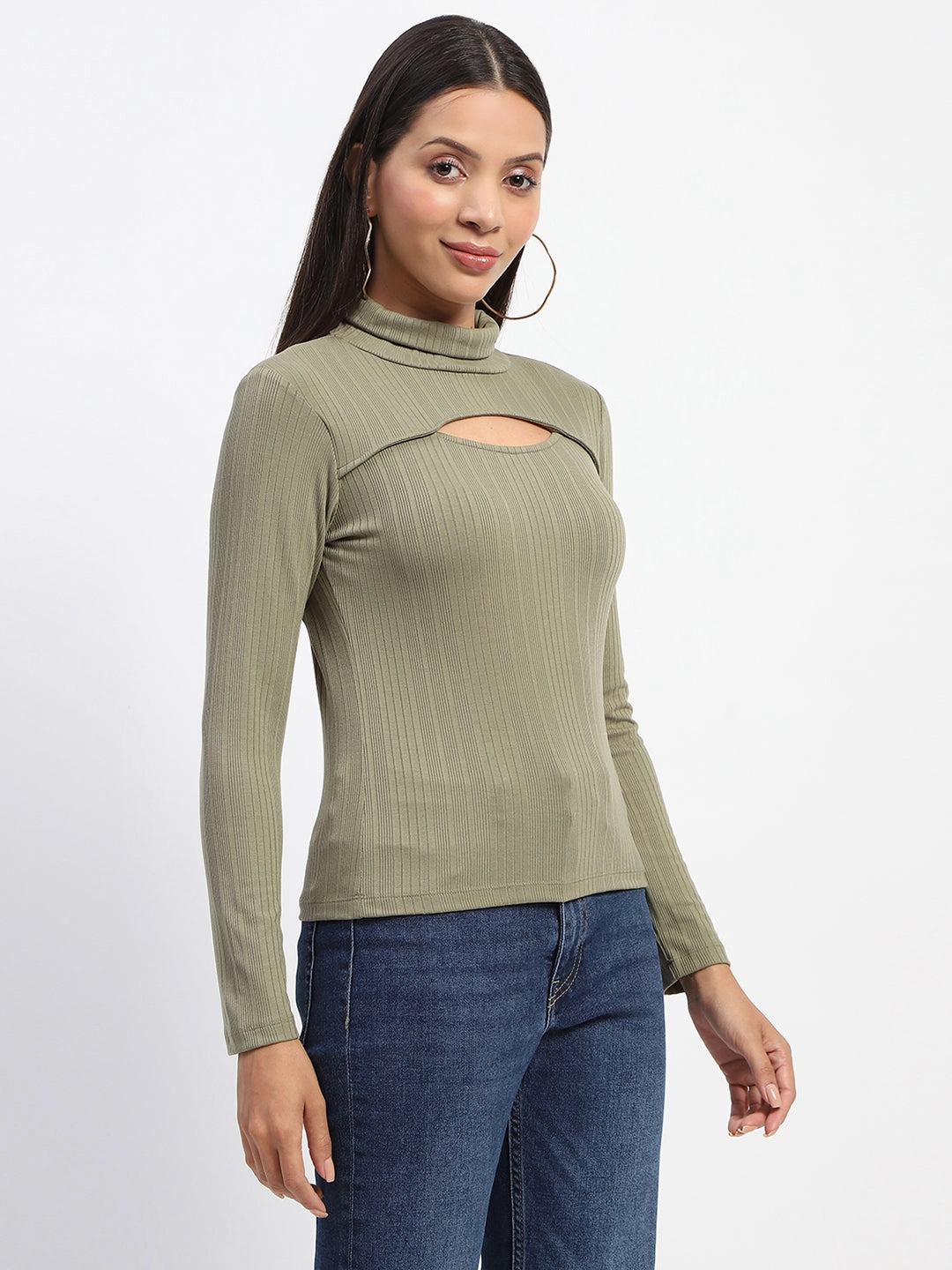 Madame Chest Cutout Green Ribbed Hi Neck Top Shape Retention Fabric AntiStatic Coating