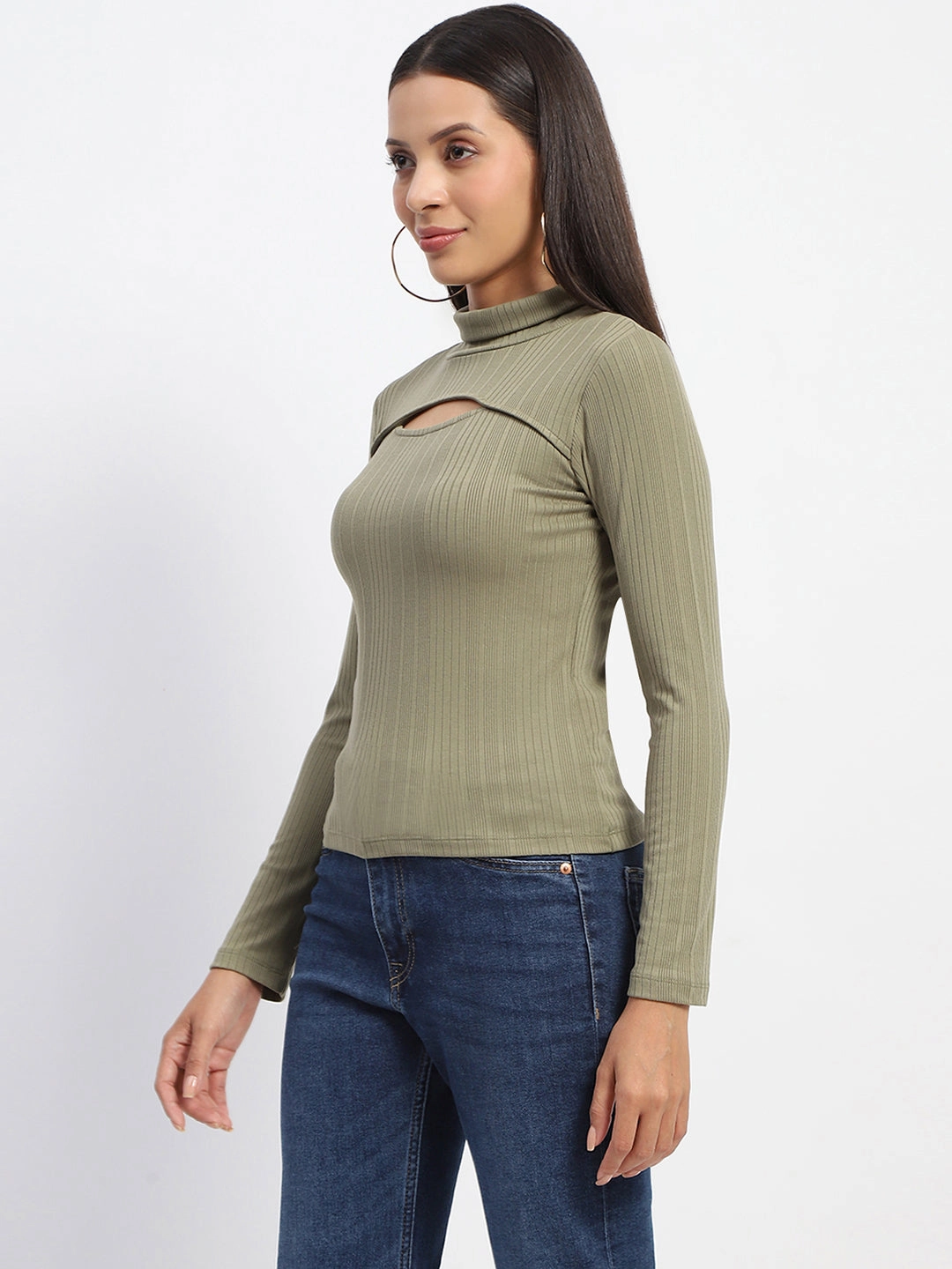 NonRestrictive Cut FlexibleCuff Madame Chest Cutout Green Ribbed Hi Neck Top
