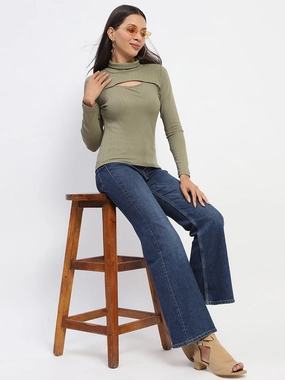 Madame Chest Cutout Green Ribbed Hi Neck Top BiodegradableFabric