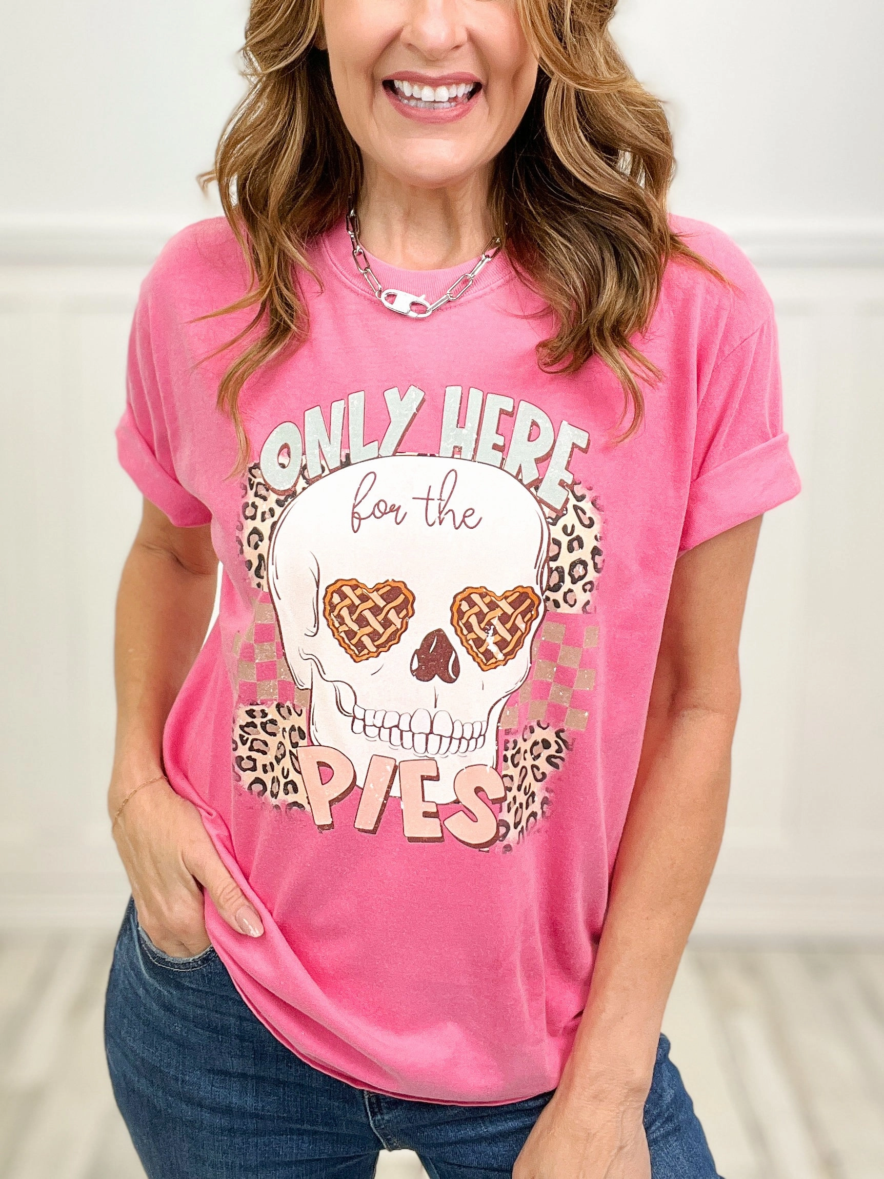 Only Here For The Pies Thanksgiving Graphic Tee Variable Tension Adjustment LayeredNeckline