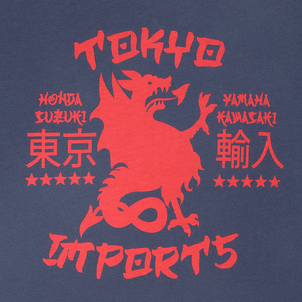 Reinforced Neckline Detail VentedBack "DRAGON IMPORTS" Short Sleeve Mens Crew Neck Tee - Dark Slate Blue