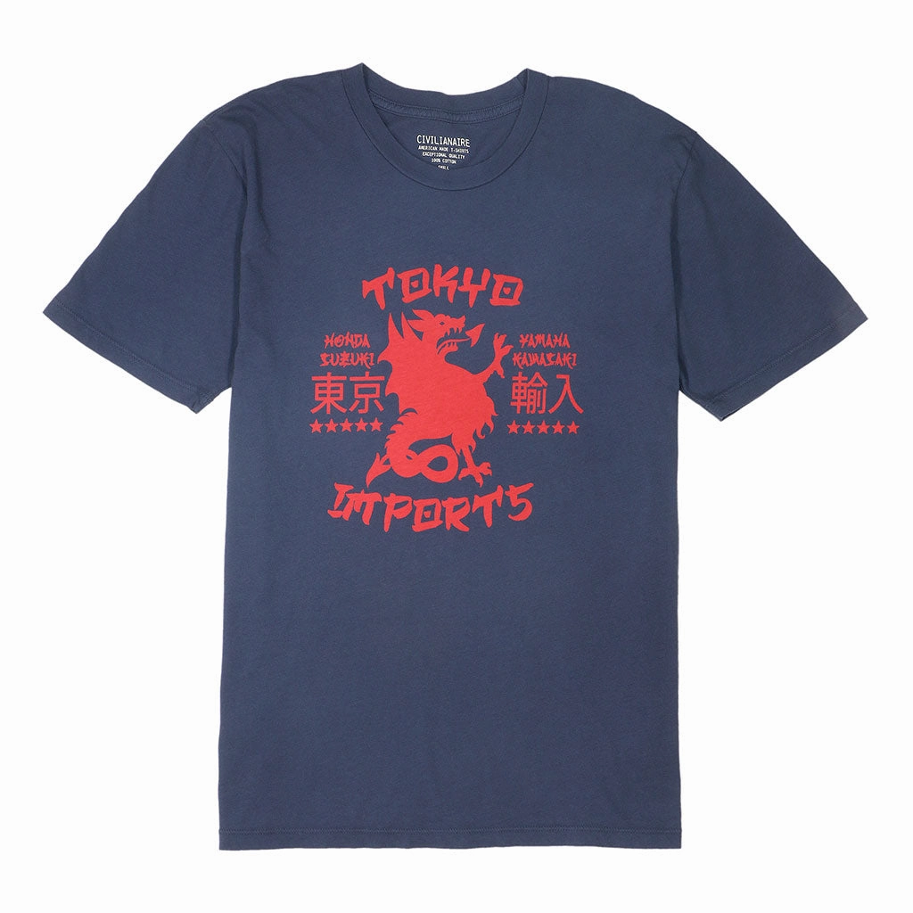 Sporty Design RawHemDetail "DRAGON IMPORTS" Short Sleeve Mens Crew Neck Tee - Dark Slate Blue
