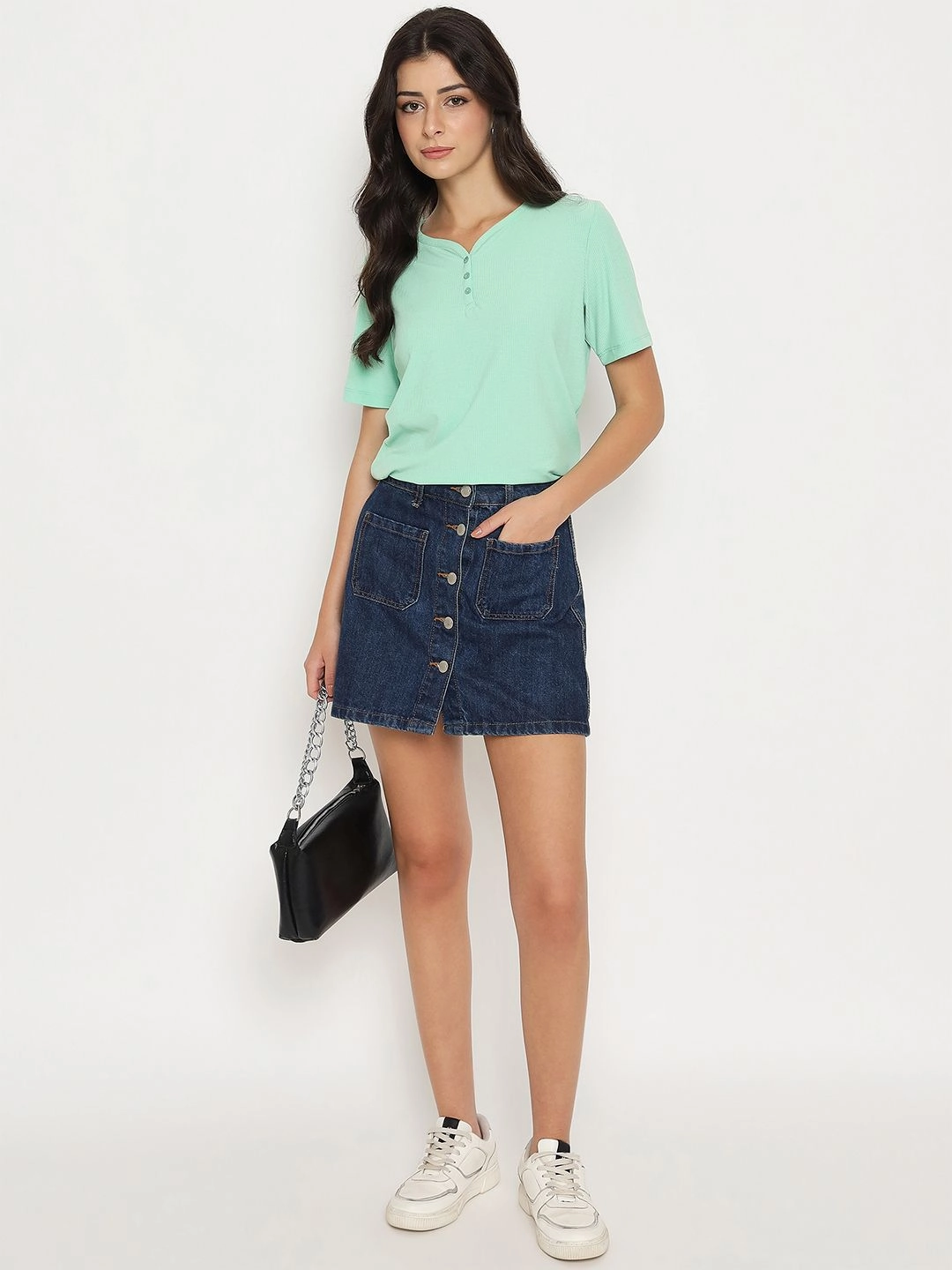 Madame Henley Neck Solid Green T-Shirt Drop Shoulder Design All Weather Performance Fabric