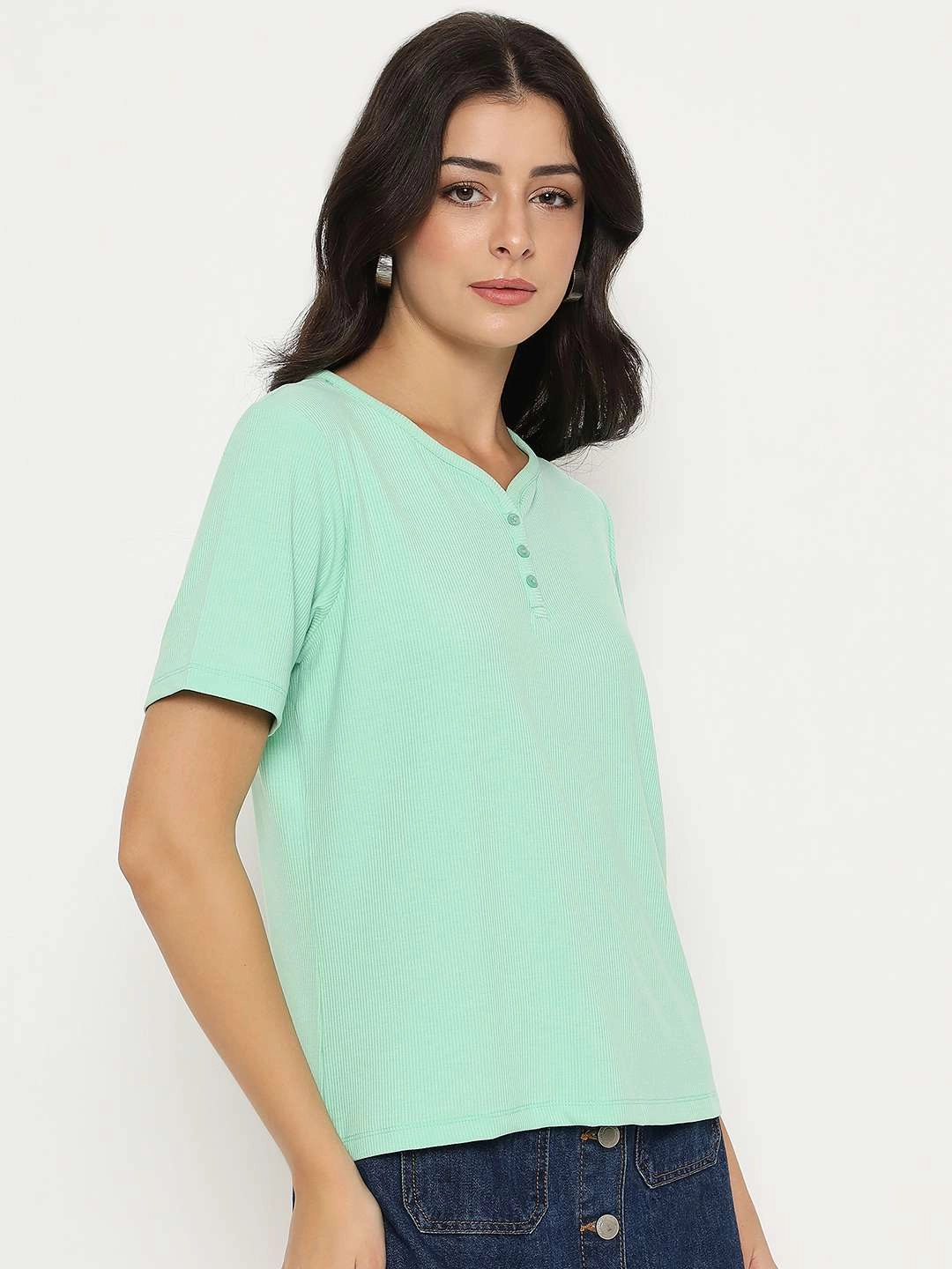 MoistureWicking Technology Madame Henley Neck Solid Green T-Shirt