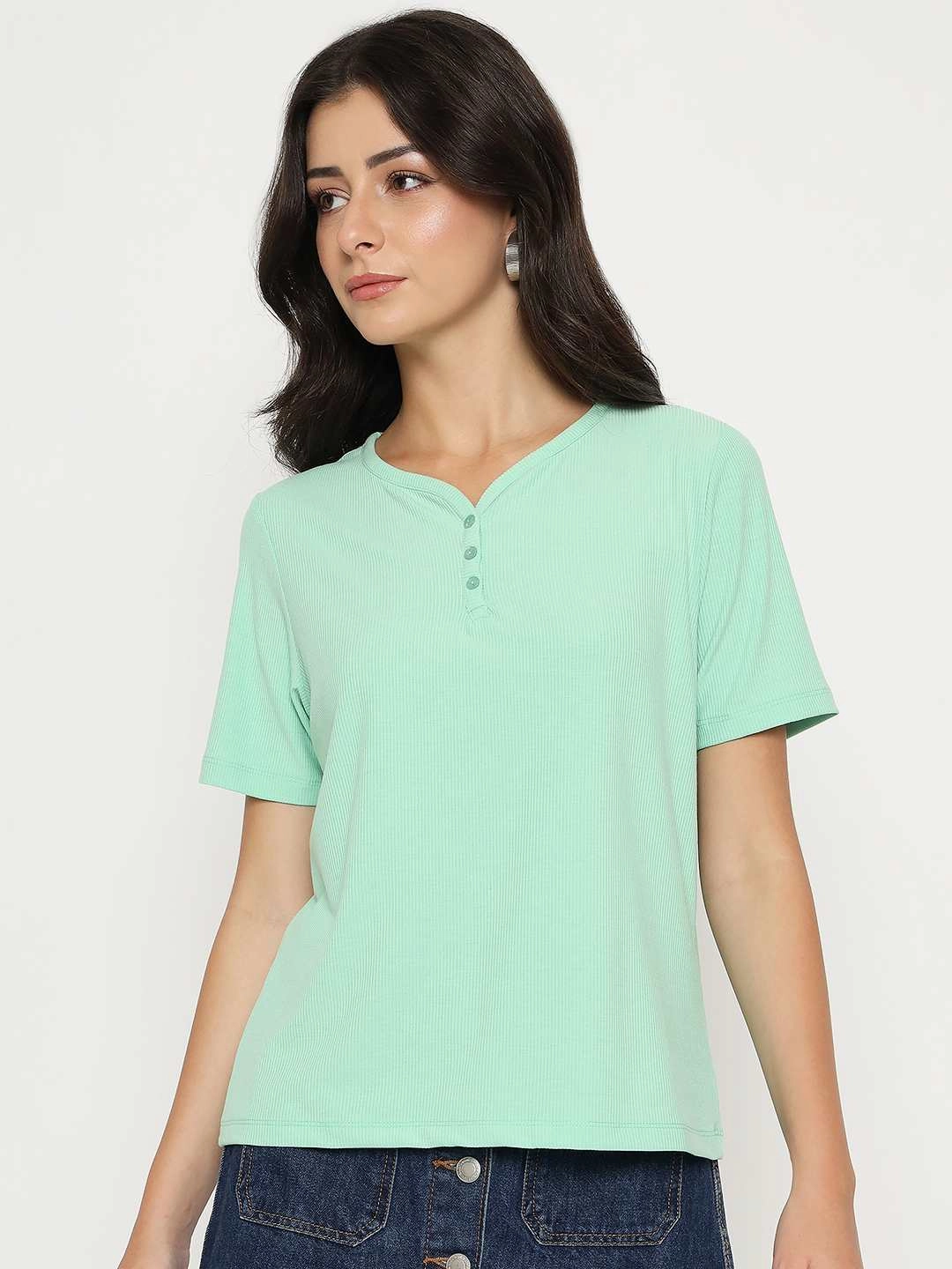 HypoallergenicFibers Madame Henley Neck Solid Green T-Shirt